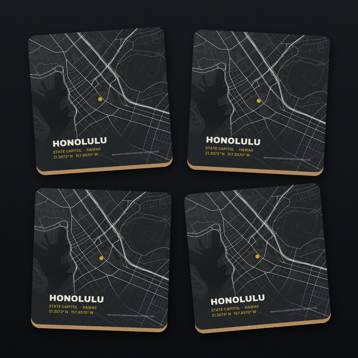 Honolulu Street Map Coaster Set, all 4 coasters