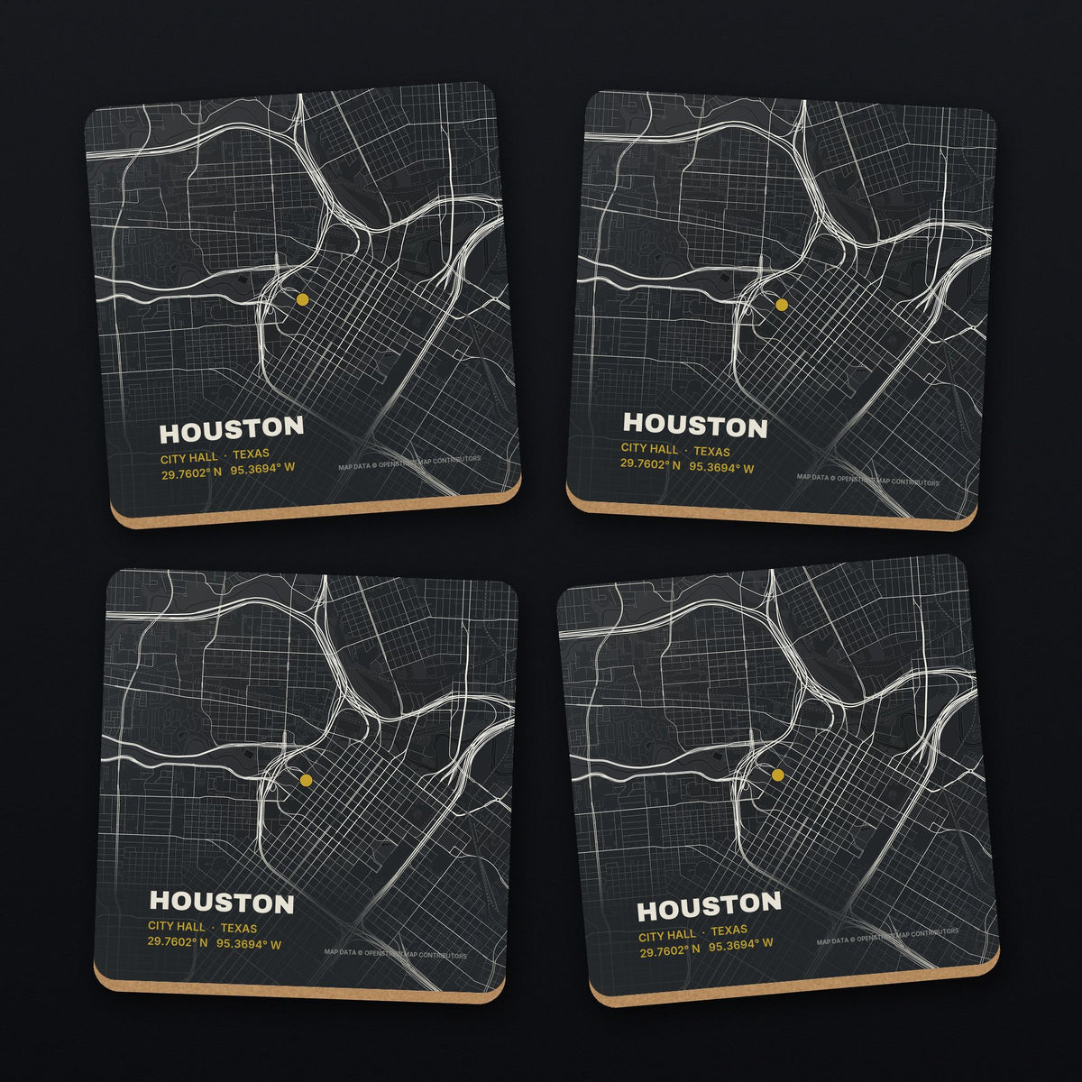 Houston Street Map Coaster Set, all 4 coasters