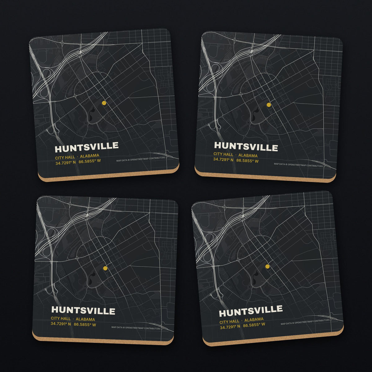 Huntsville Street Map Coaster Set, all 4 coasters