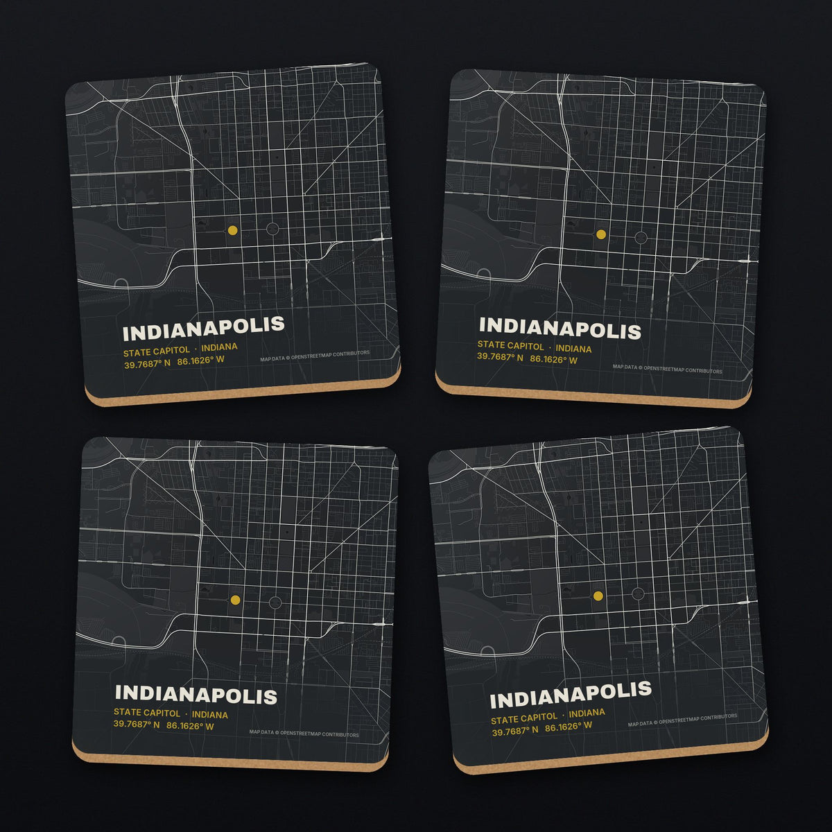 Indianapolis Street Map Coaster Set, all 4 coasters