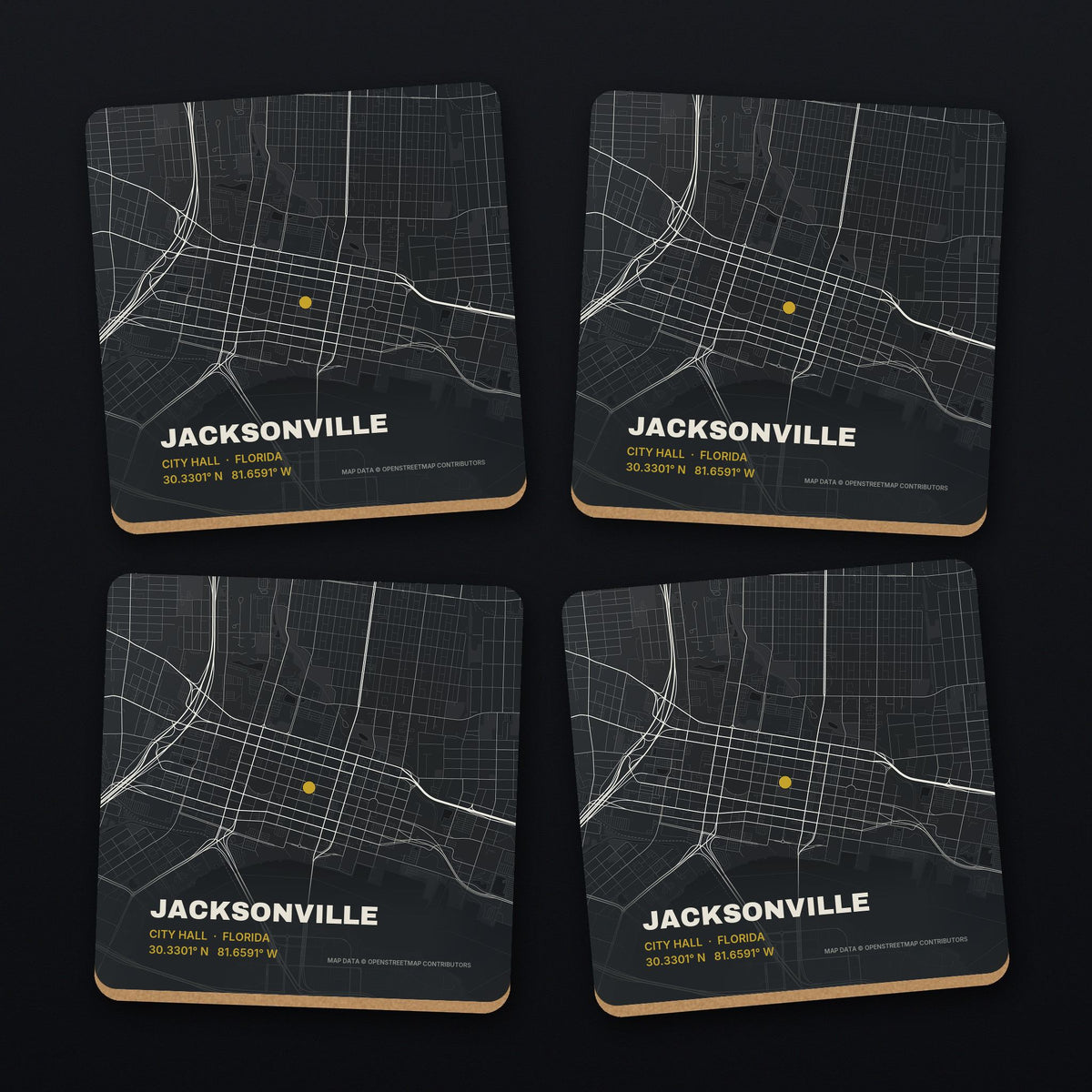 Jacksonville Street Map Coaster Set, all 4 coasters