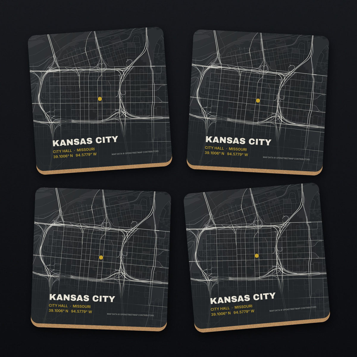 Kansas City Street Map Coaster Set, all 4 coasters