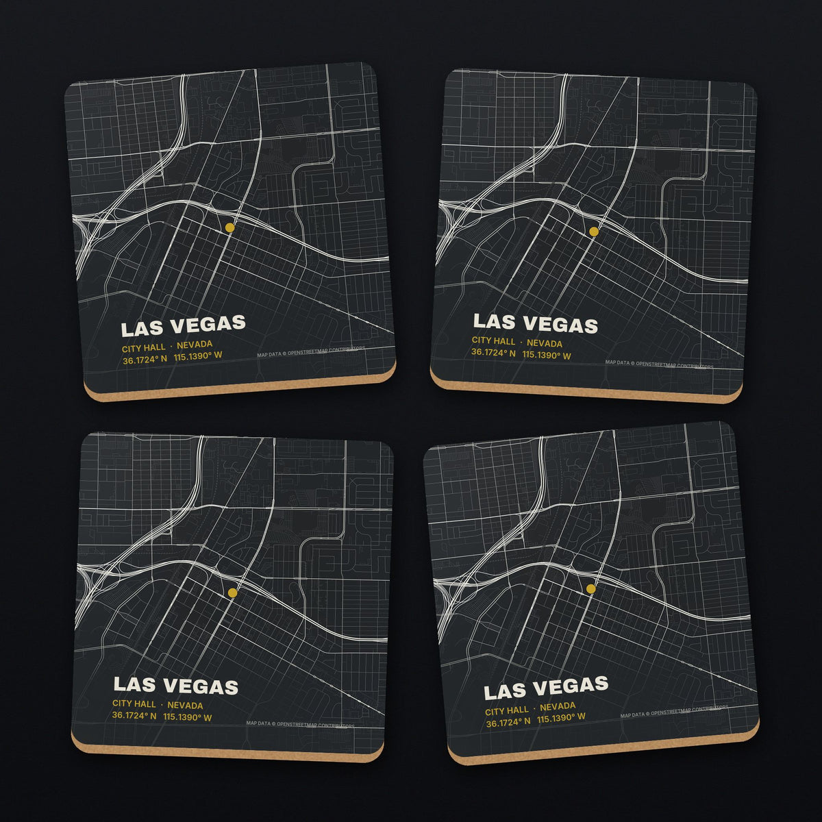 Las Vegas Street Map Coaster Set, all 4 coasters