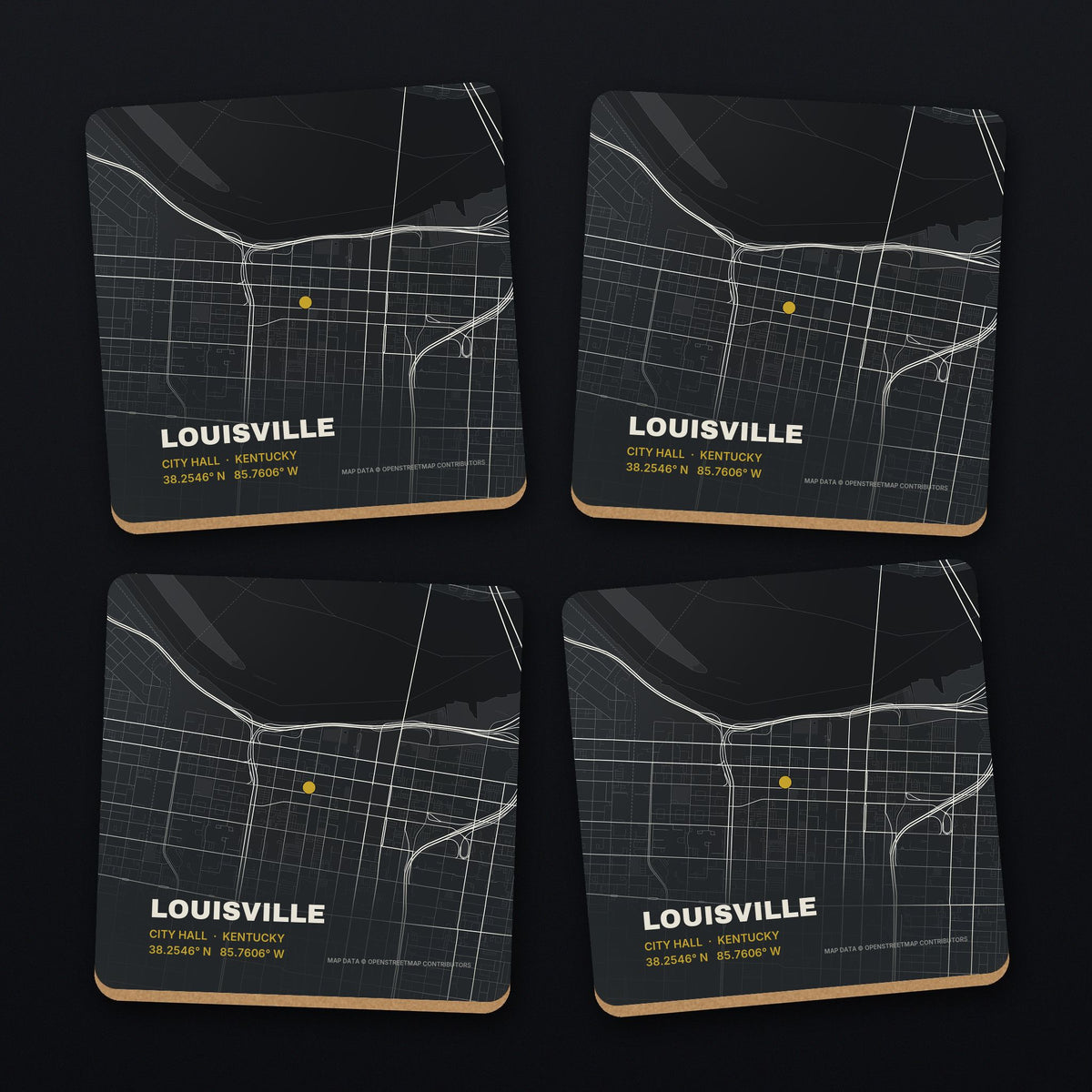 Louisville Street Map Coaster Set, all 4 coasters