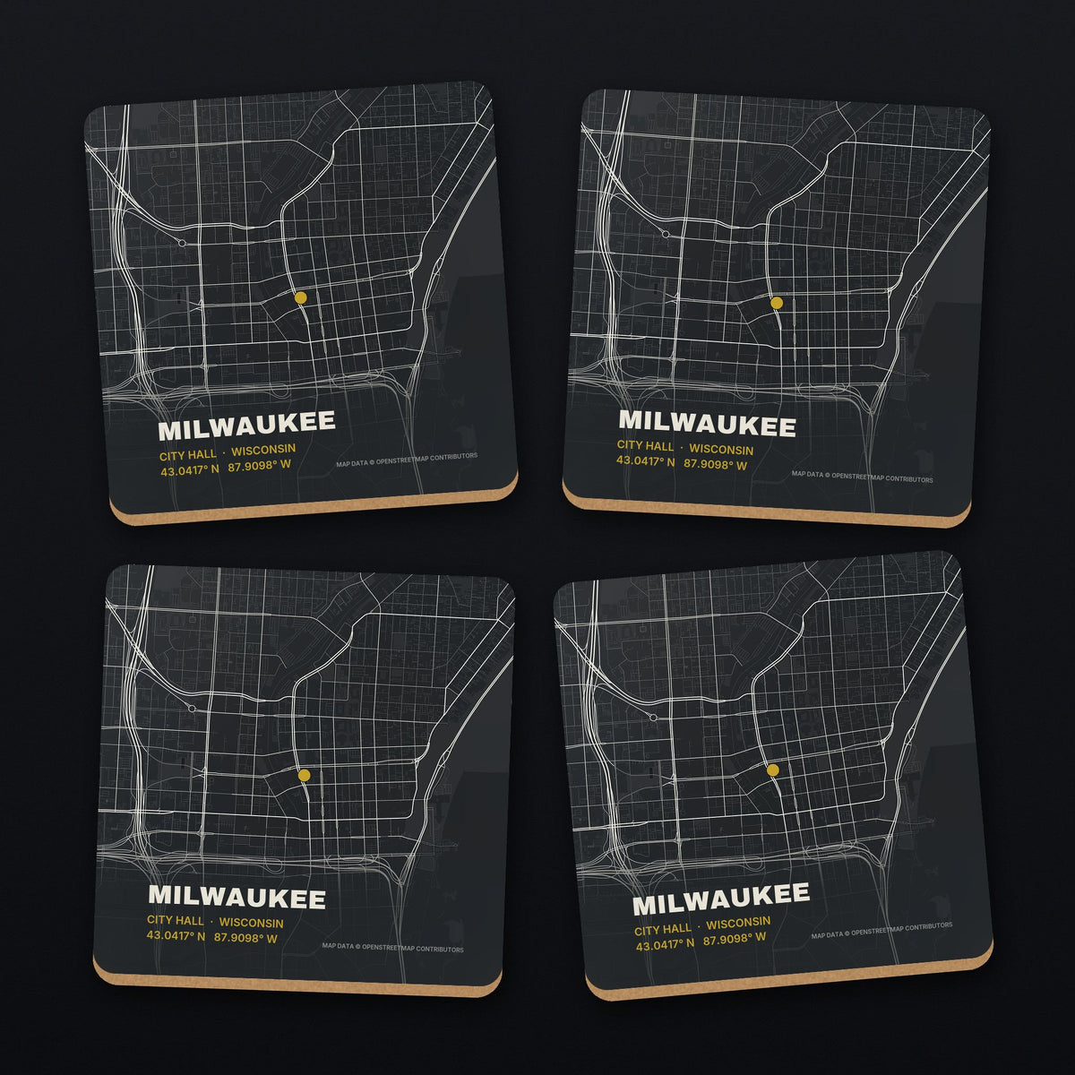 Milwaukee Street Map Coaster Set, all 4 coasters