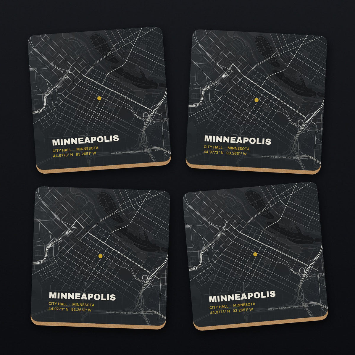 Minneapolis Street Map Coaster Set, all 4 coasters