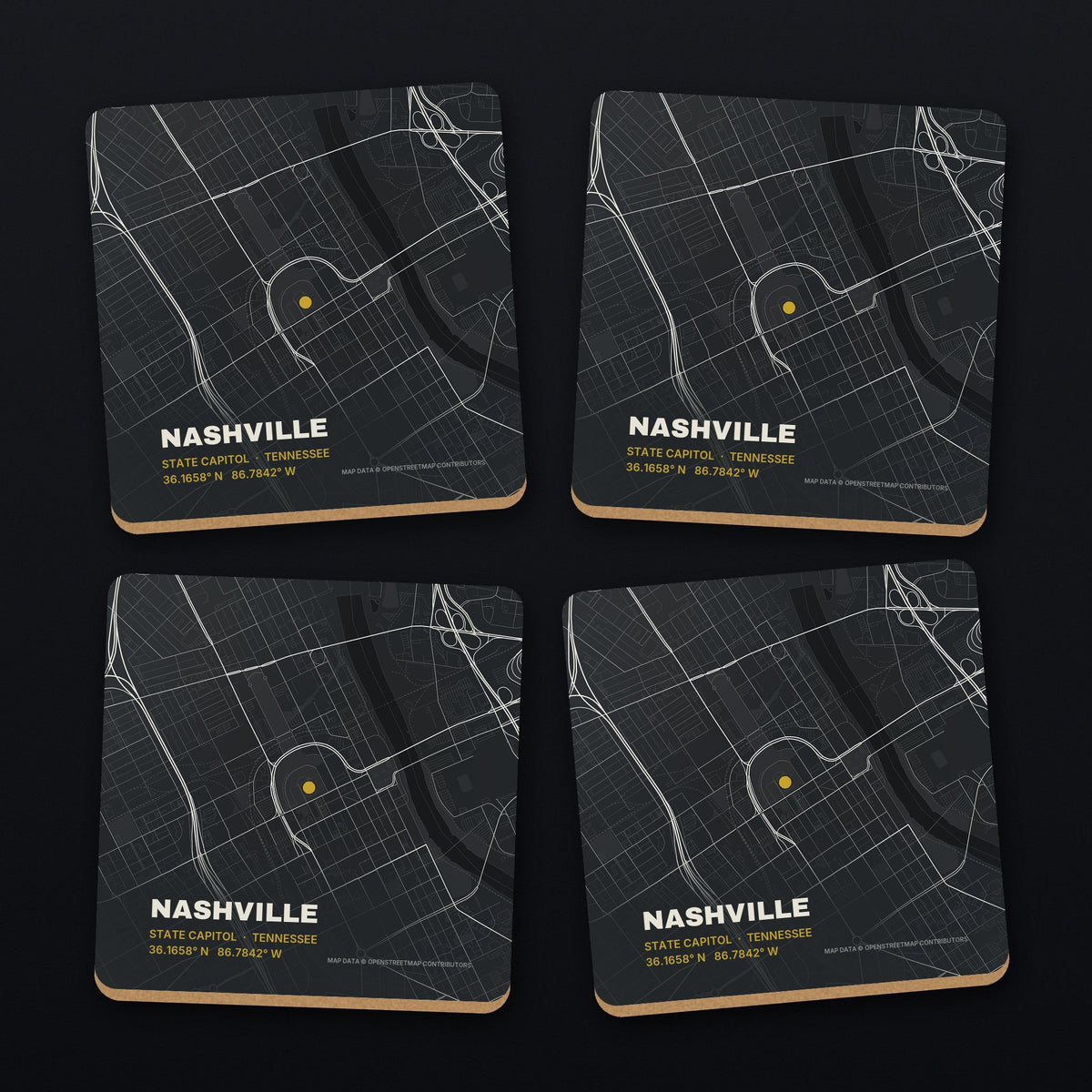 Nashville Street Map Coaster Set, all 4 coasters