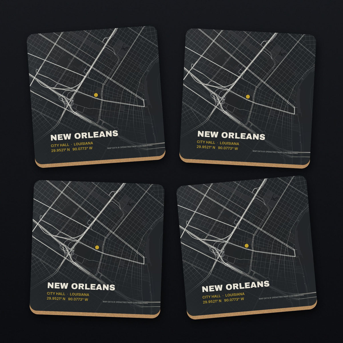 New Orleans Street Map Coaster Set, all 4 coasters