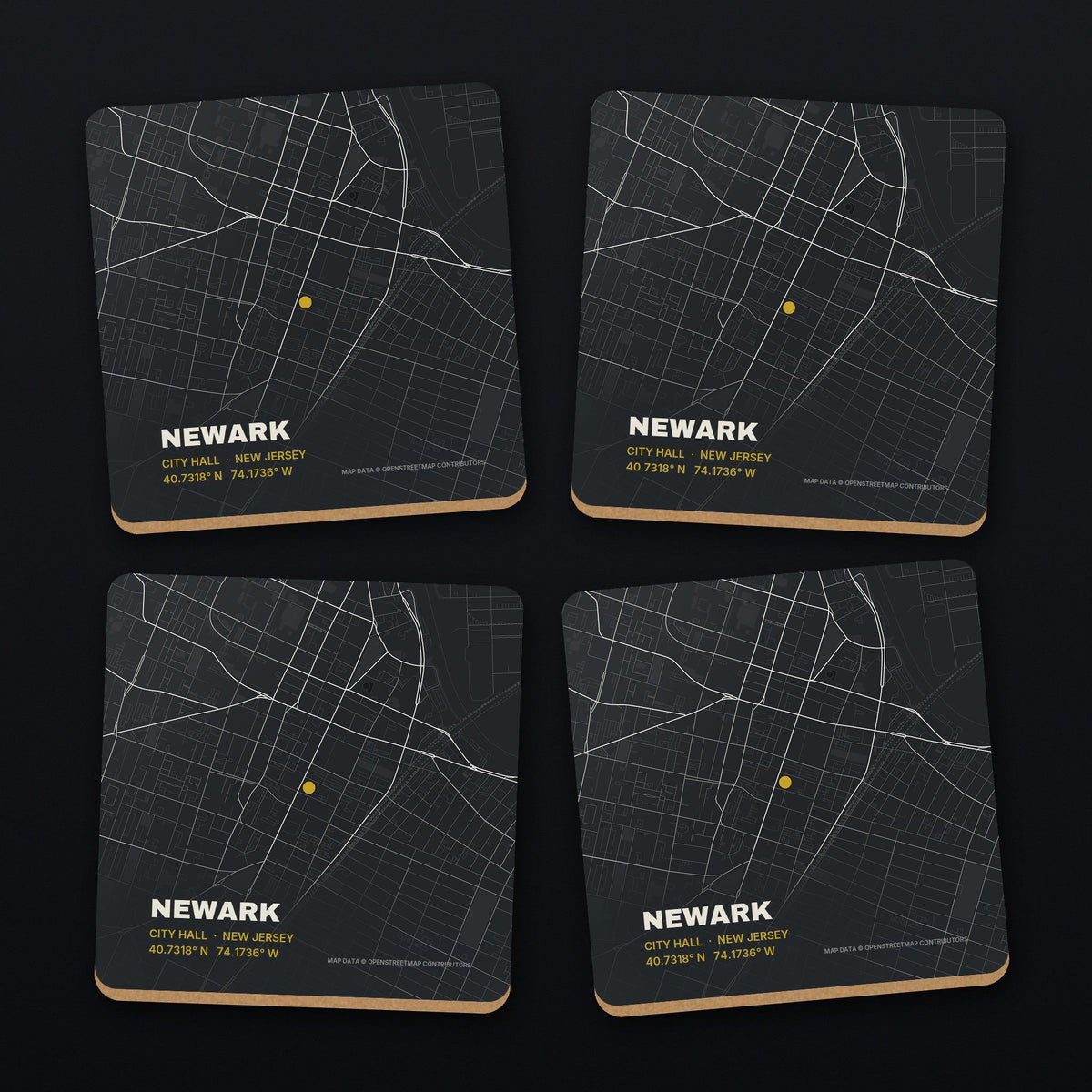 Newark Street Map Coaster Set, all 4 coasters