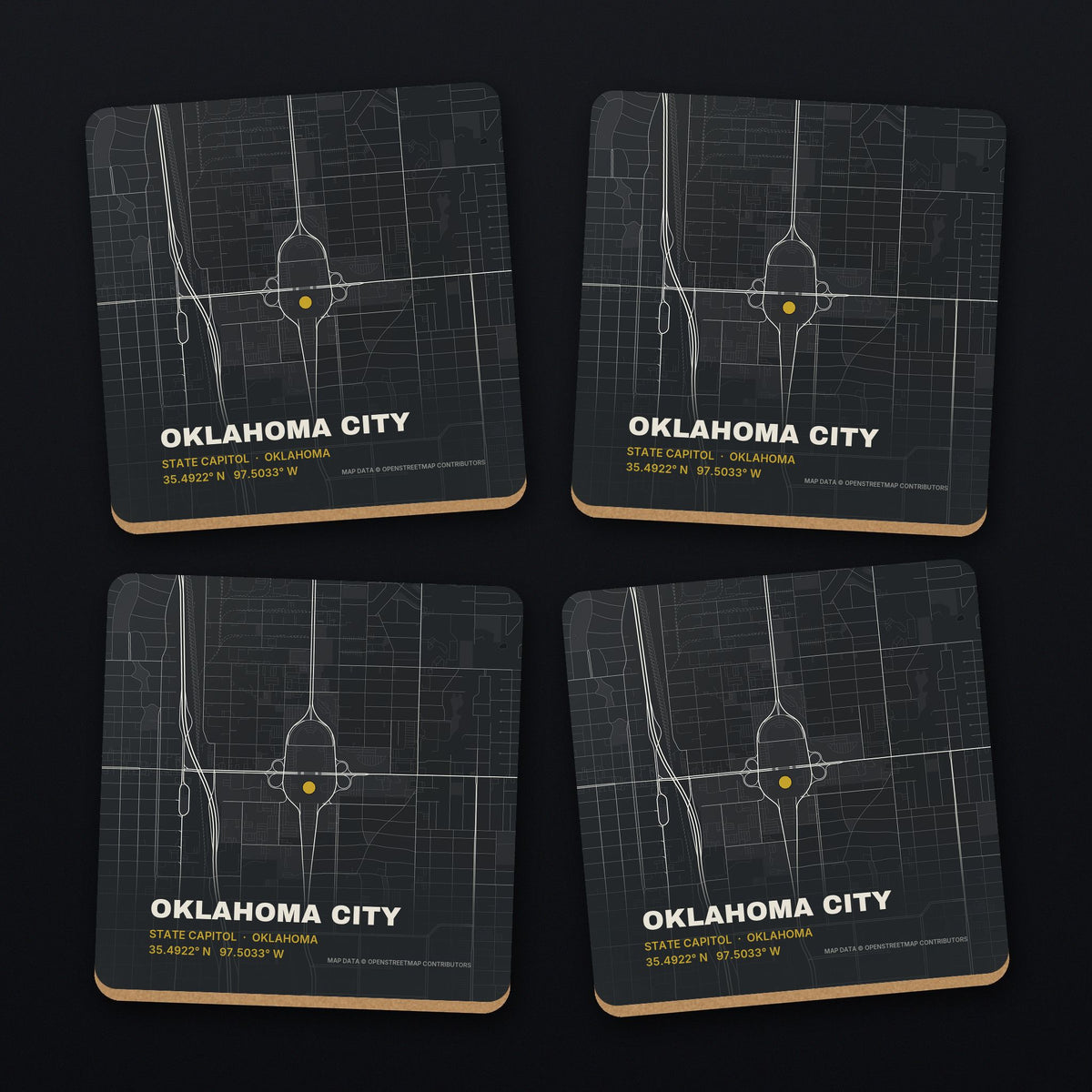 Oklahoma City Street Map Coaster Set, all 4 coasters
