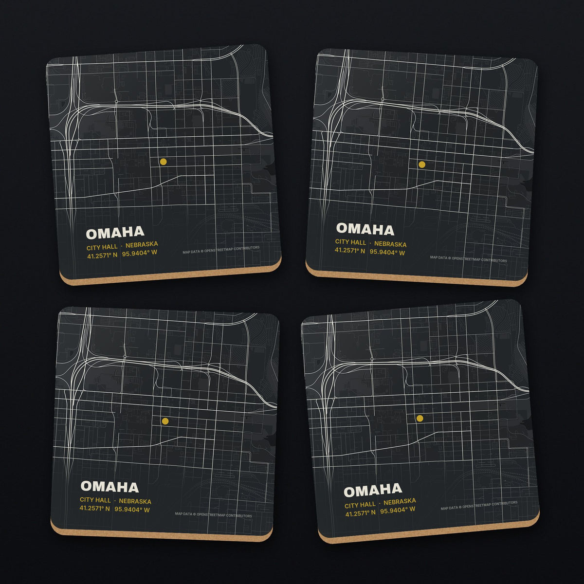 Omaha Street Map Coaster Set, all 4 coasters