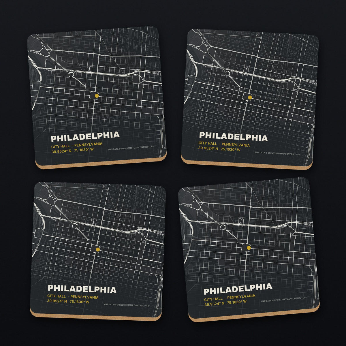 Philadelphia Street Map Coaster Set, all 4 coasters