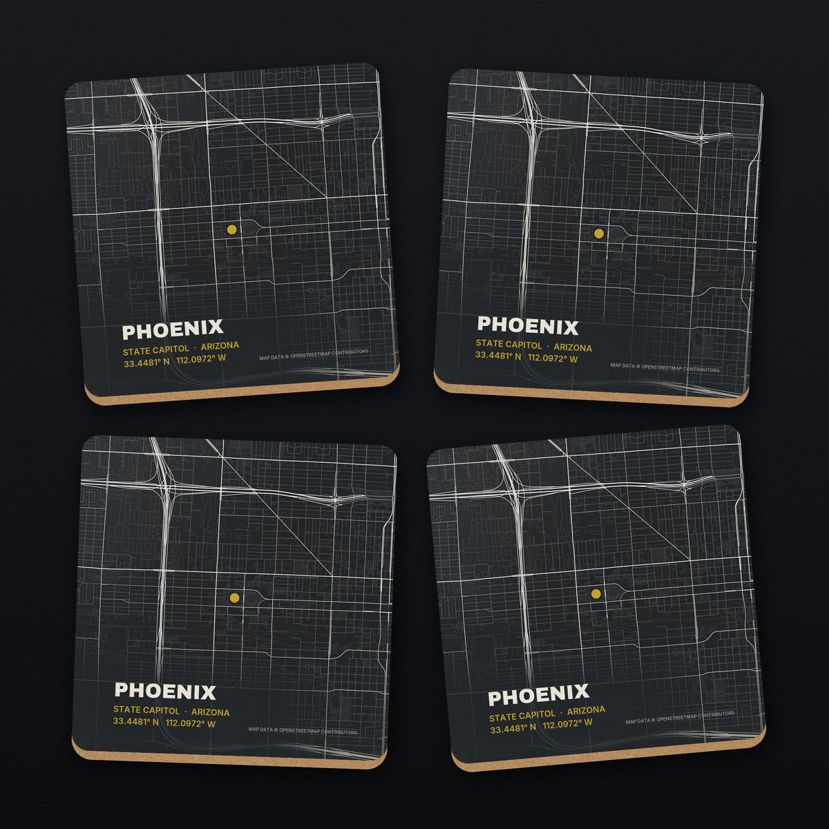 Phoenix Street Map Coaster Set, all 4 coasters