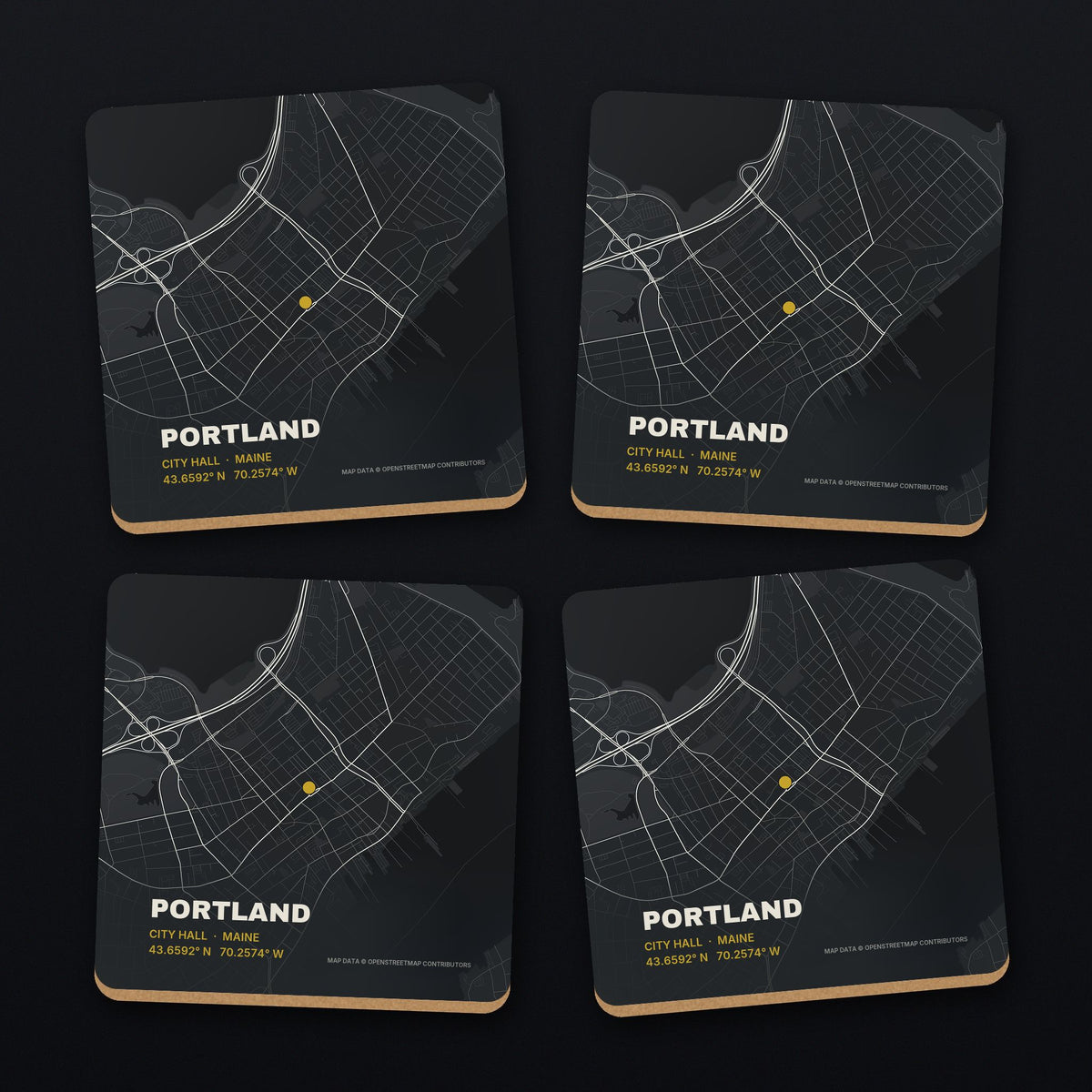 Portland, Maine Street Map Coaster Set, all 4 coasters