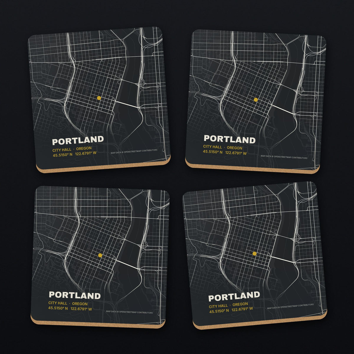 Portland, Oregon Street Map Coaster Set, all 4 coasters