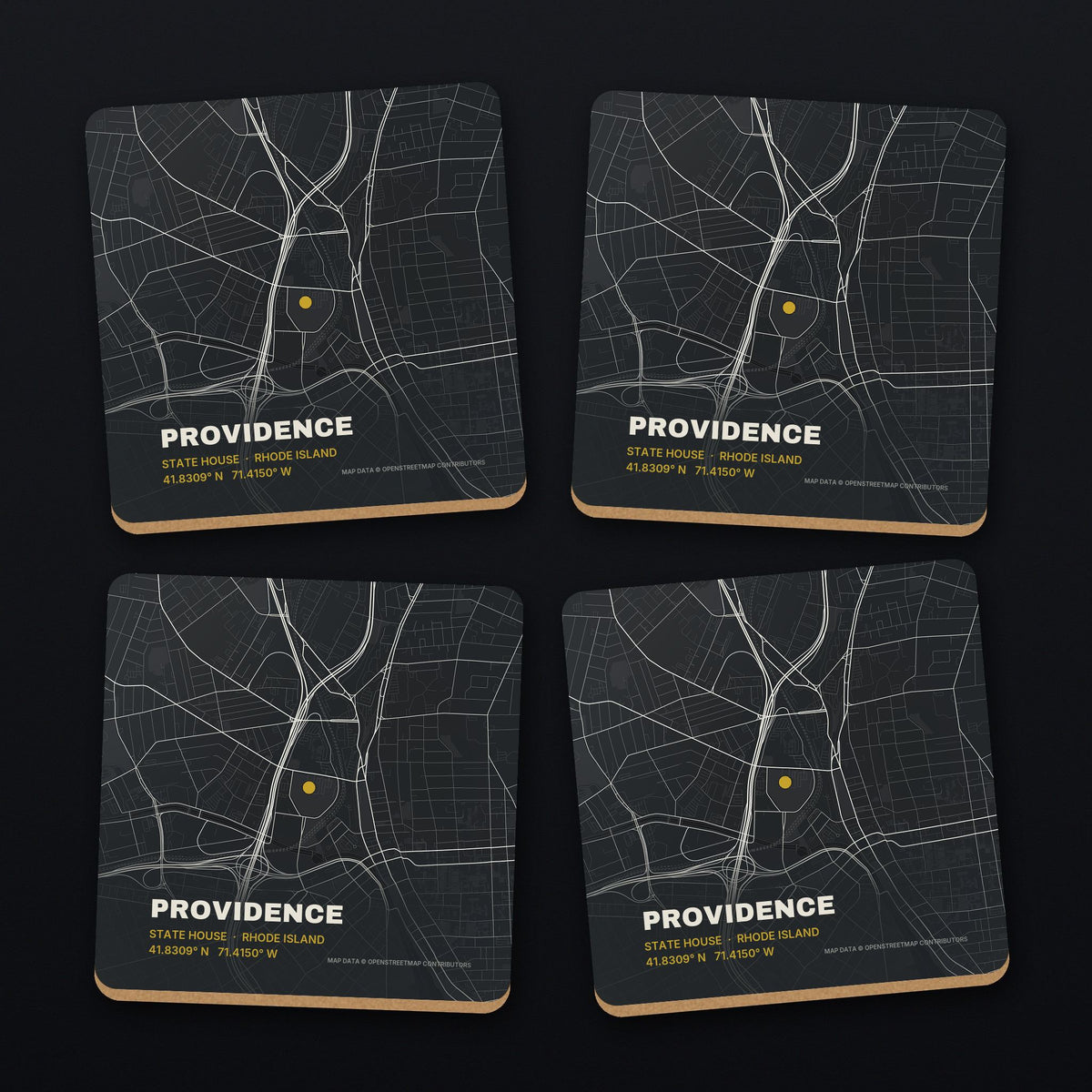 Providence Street Map Coaster Set, all 4 coasters