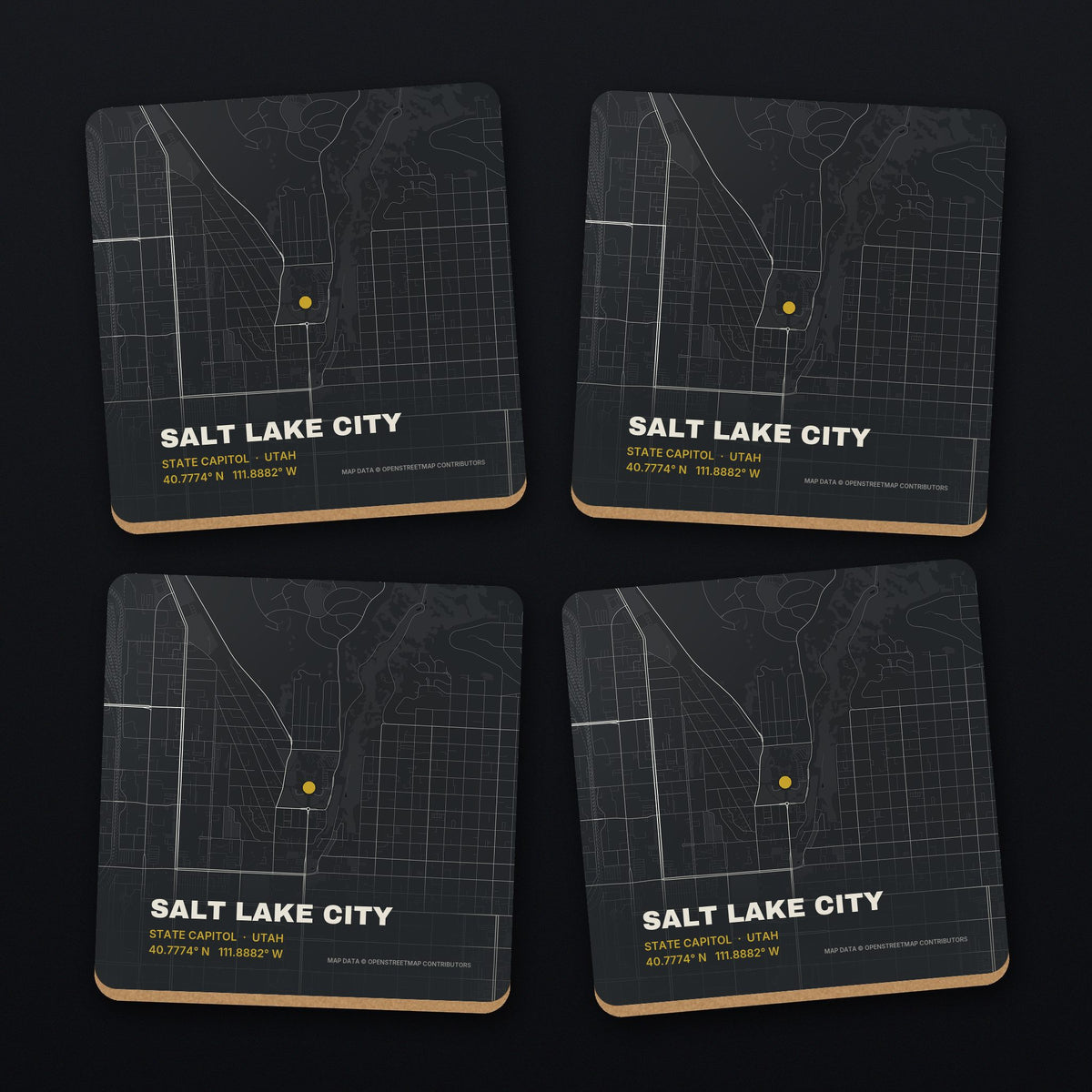 Salt Lake City Street Map Coaster Set, all 4 coasters