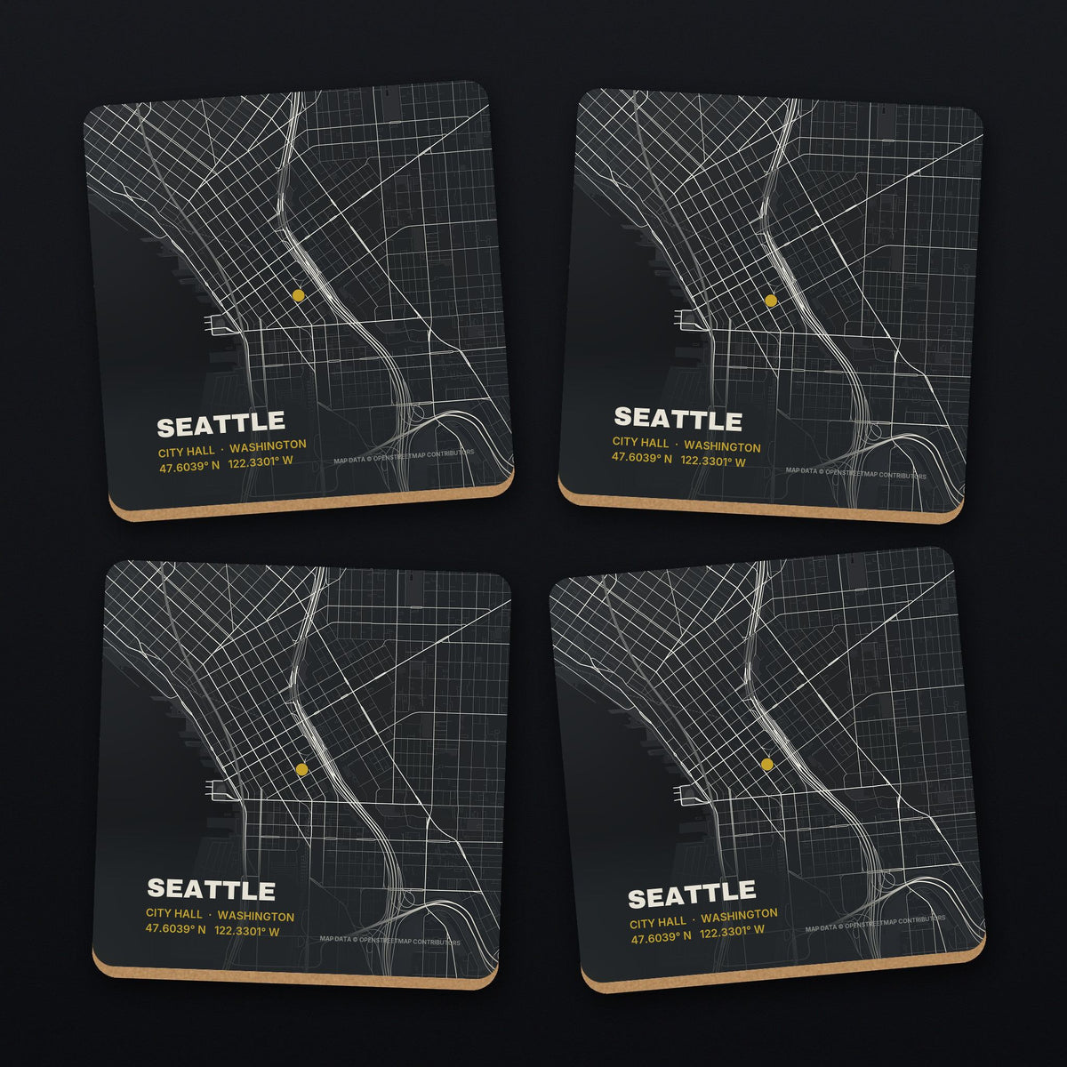 Seattle Street Map Coaster Set, all 4 coasters