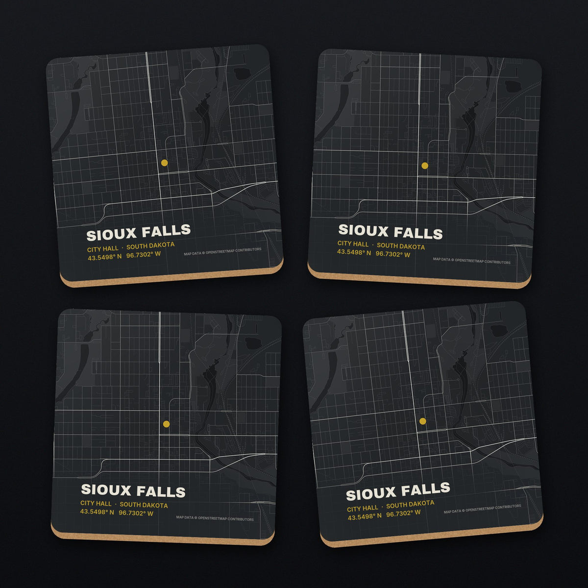 Sioux Falls Street Map Coaster Set, all 4 coasters
