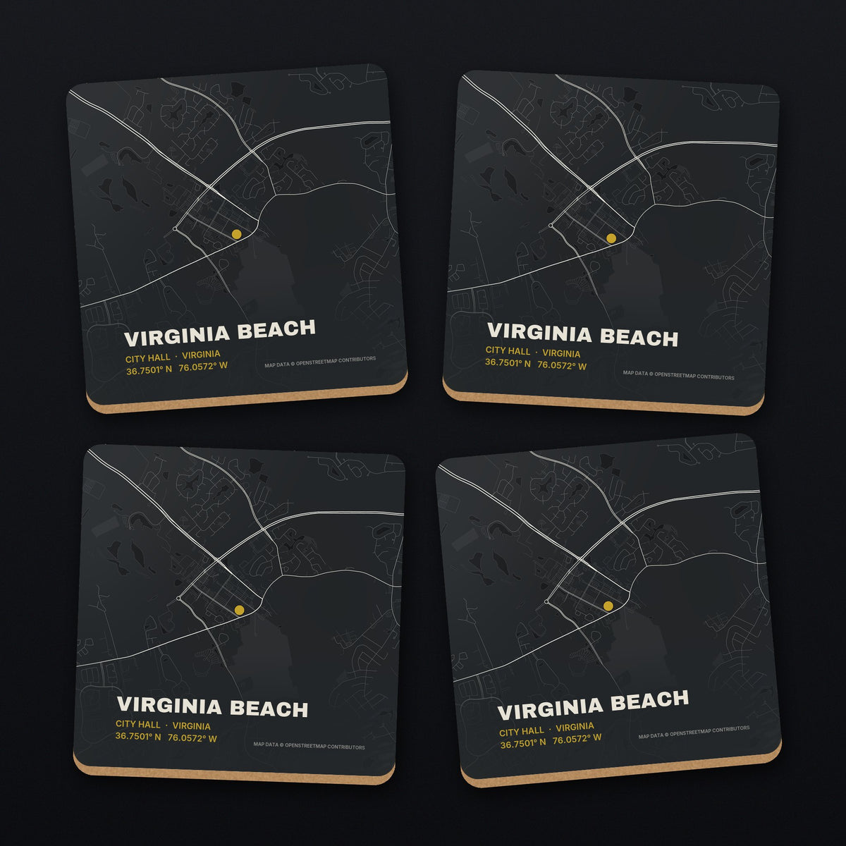Virginia Beach Street Map Coaster Set, all 4 coasters