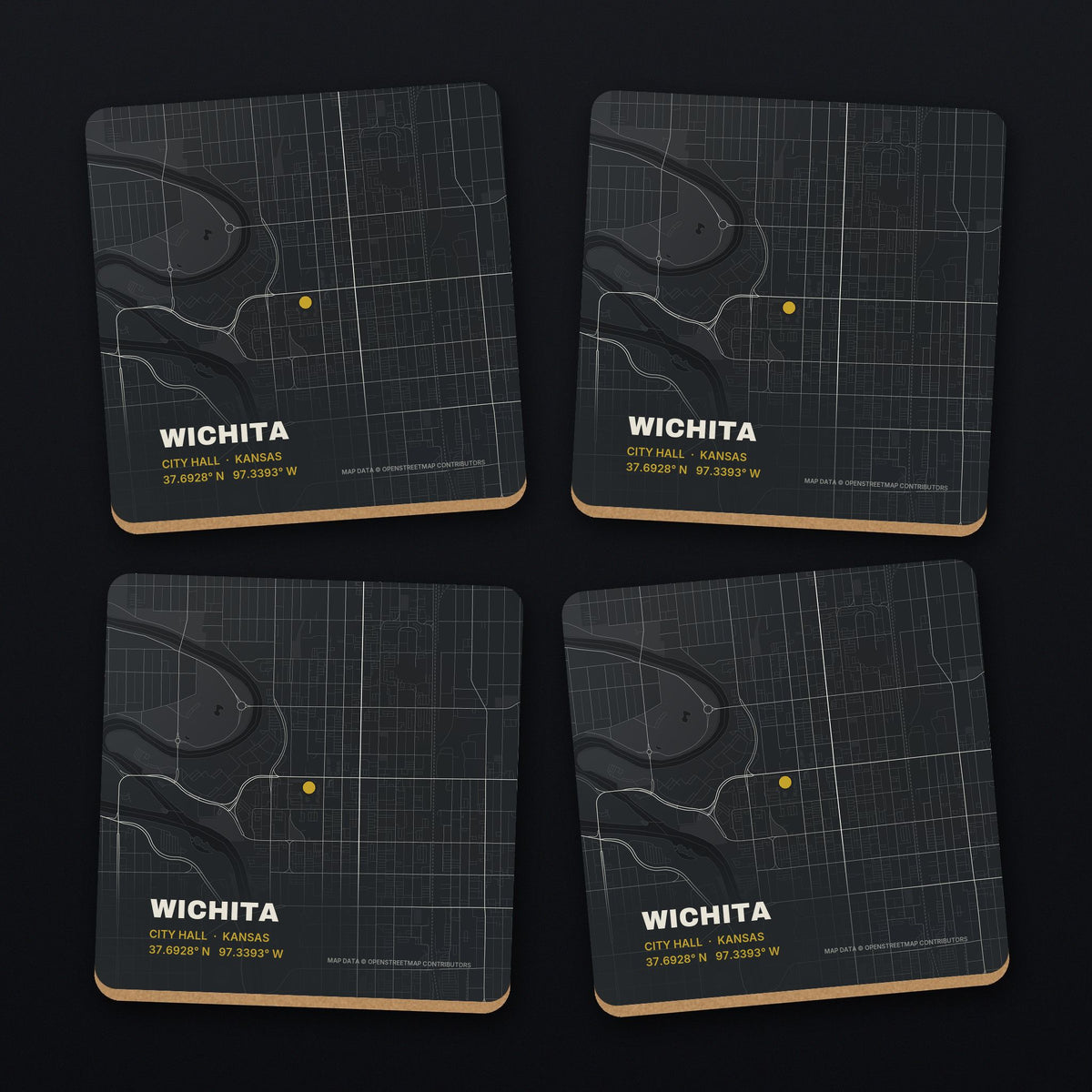 Wichita Street Map Coaster Set, all 4 coasters