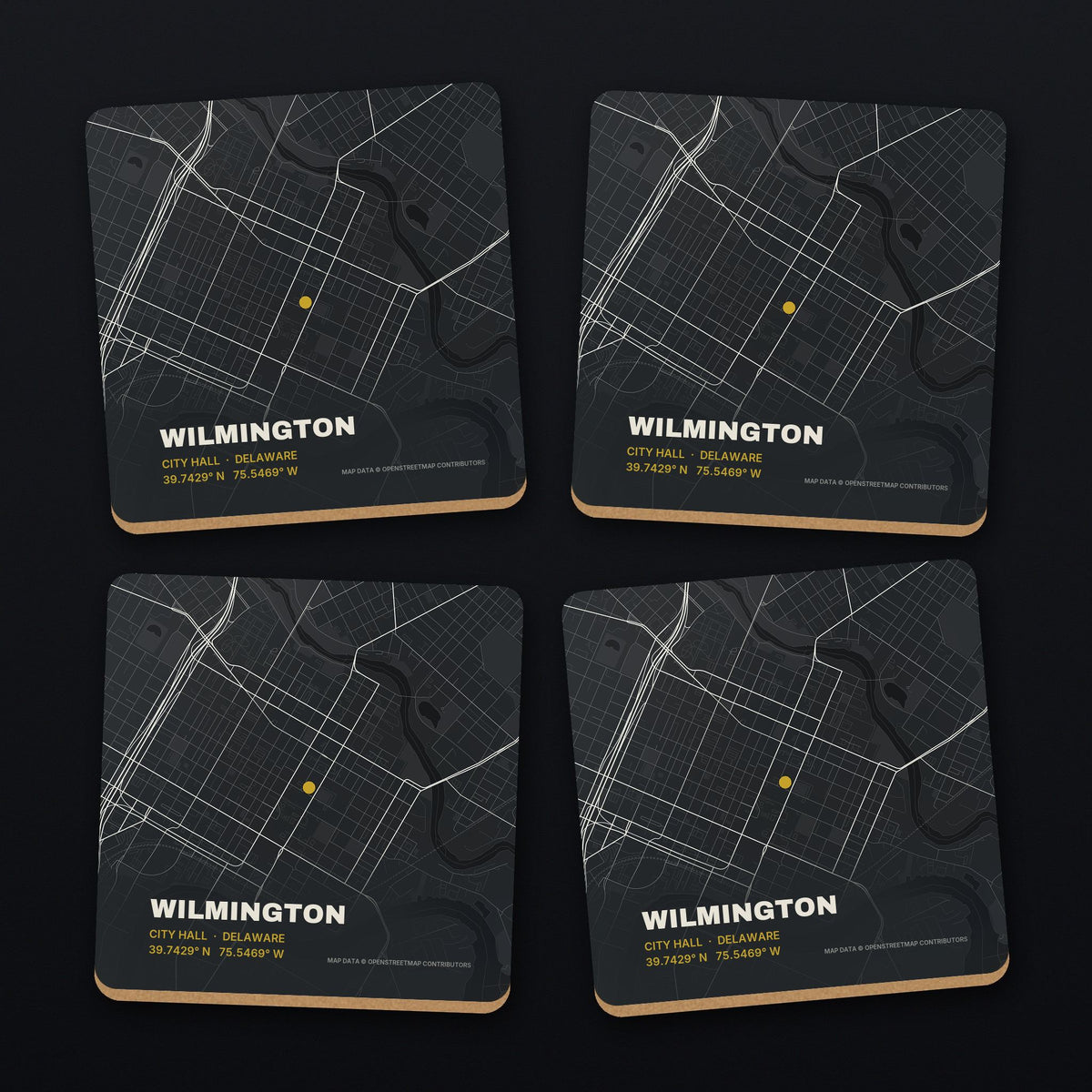 Wilmington Street Map Coaster Set, all 4 coasters
