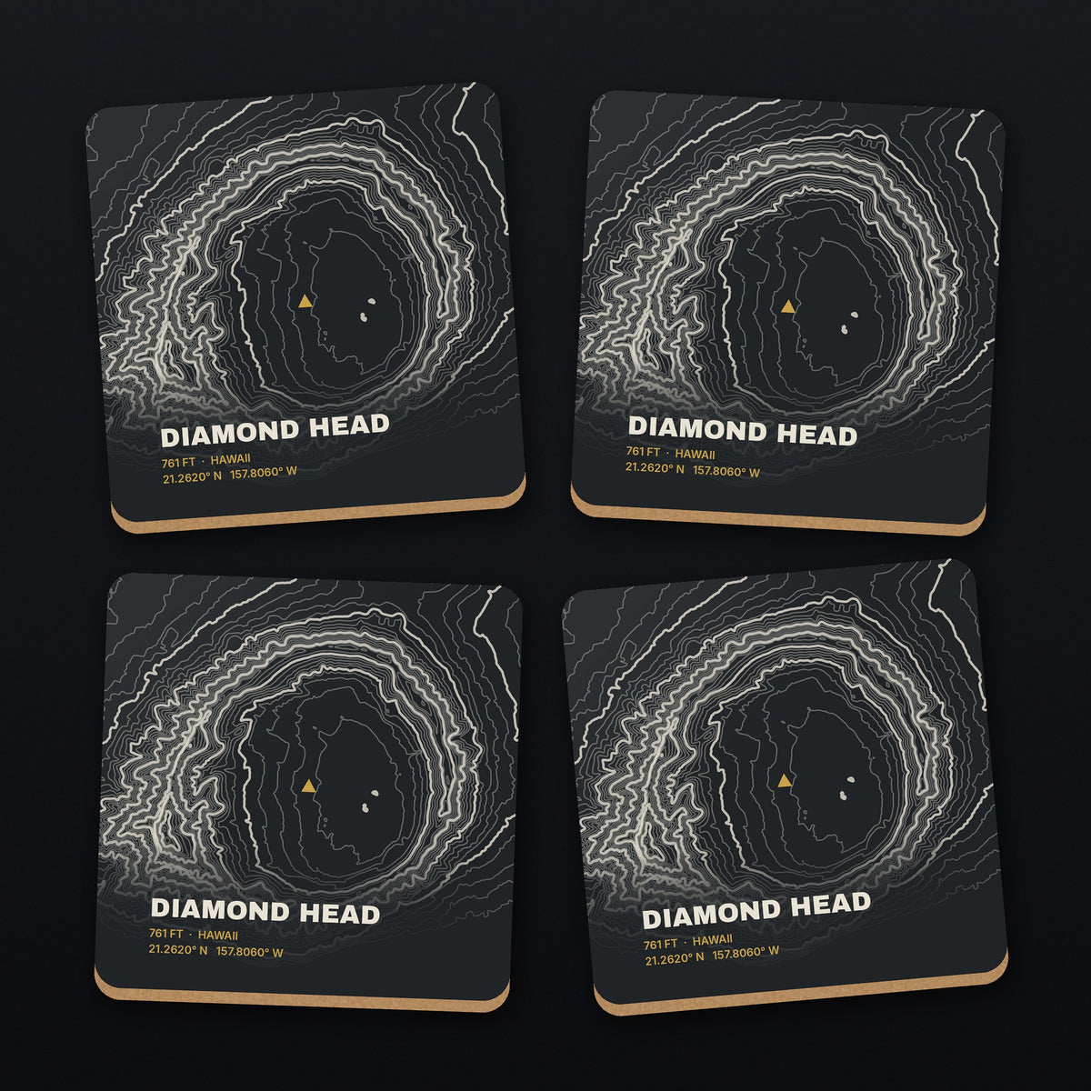 Diamond Head Topo Coaster Set, all 4 coasters
