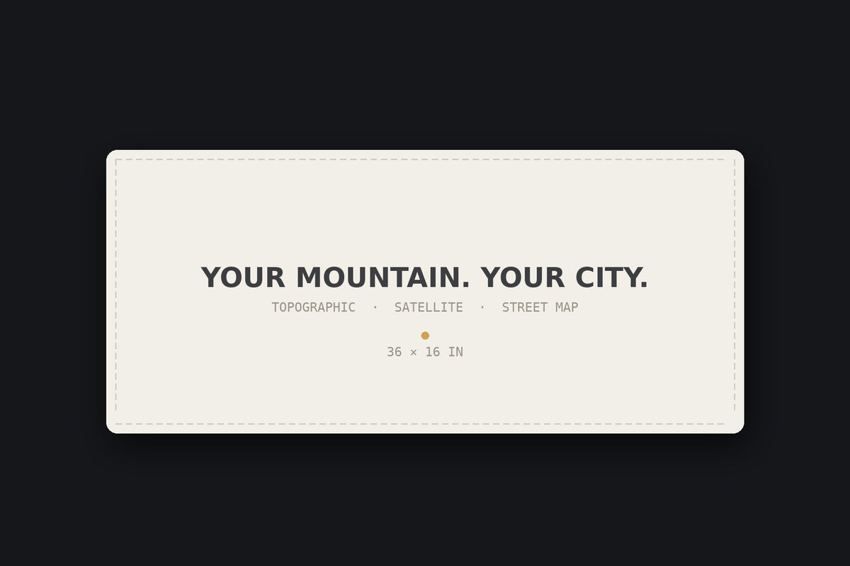 Custom desk mat, 36 x 16 inches: your mountain or city as a topographic, satellite or street map