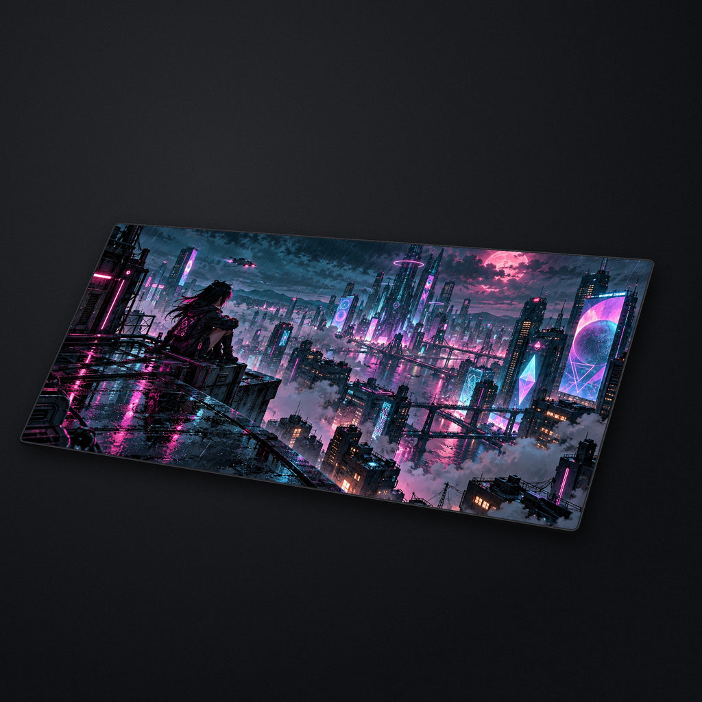 Cyber Rooftop Desk Mat at an angle on a stone desk