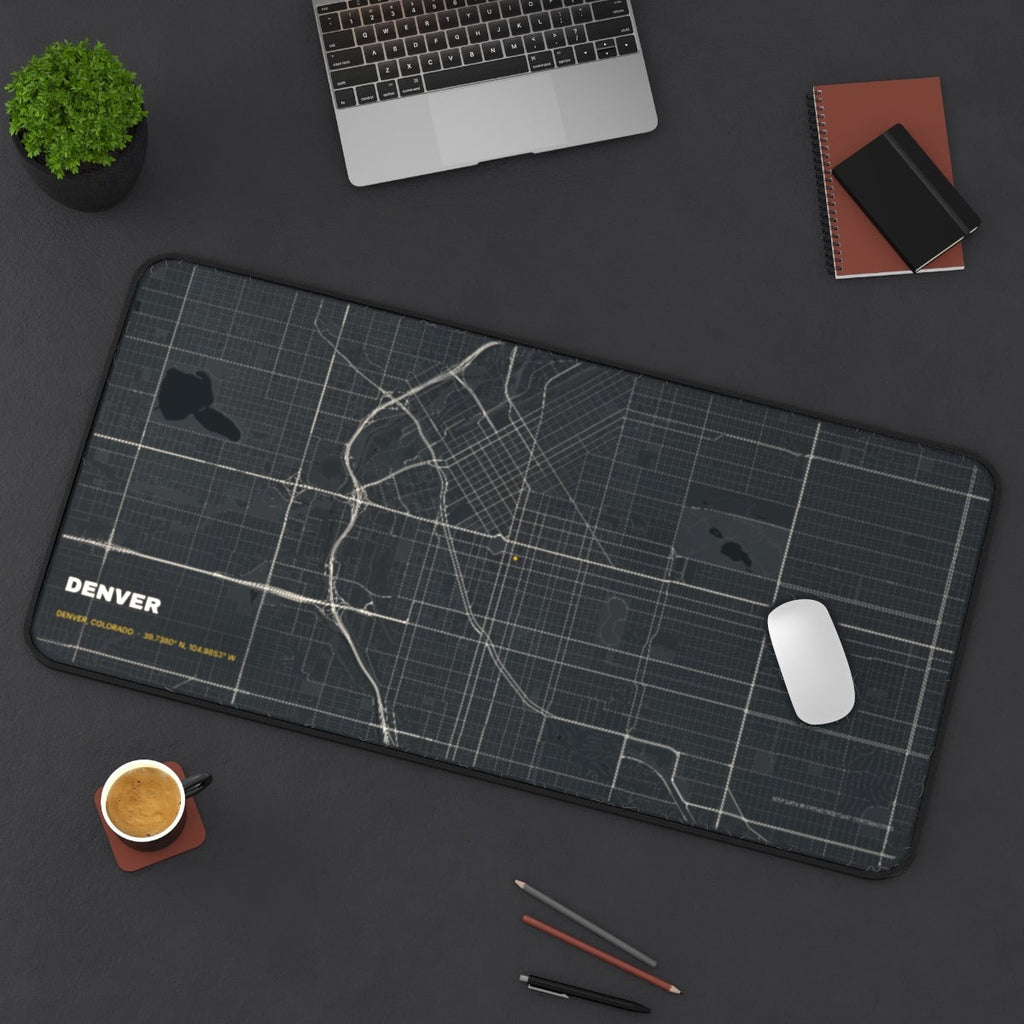 Denver Street Map desk mat on a desk with a laptop, mouse and coffee cup for scale