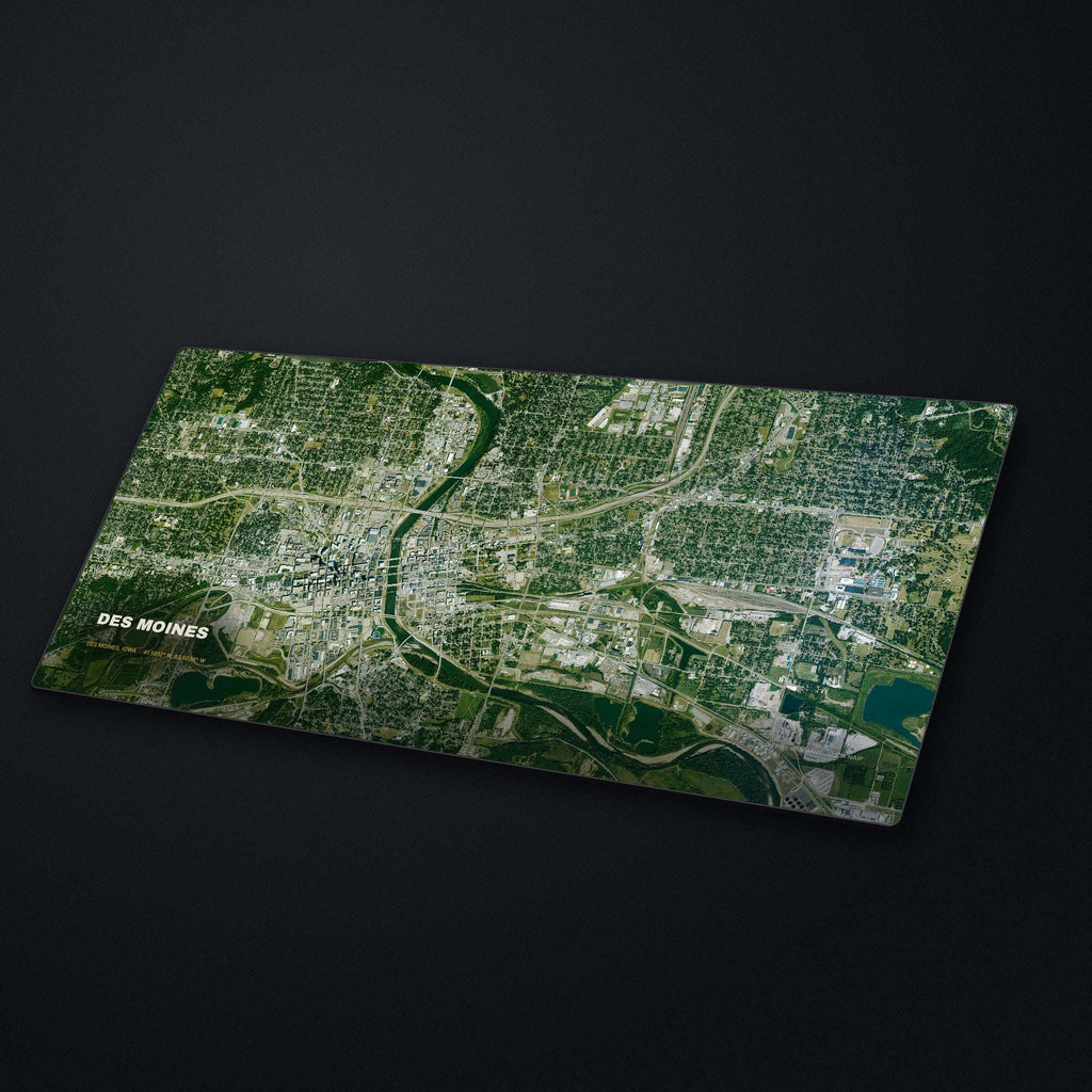 Des Moines Satellite Desk Mat at an angle on a stone desk