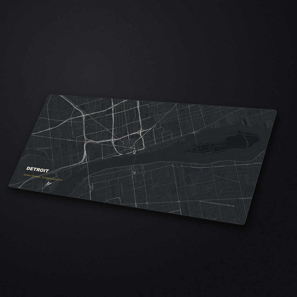 Detroit Street Map Desk Mat at an angle on a stone desk