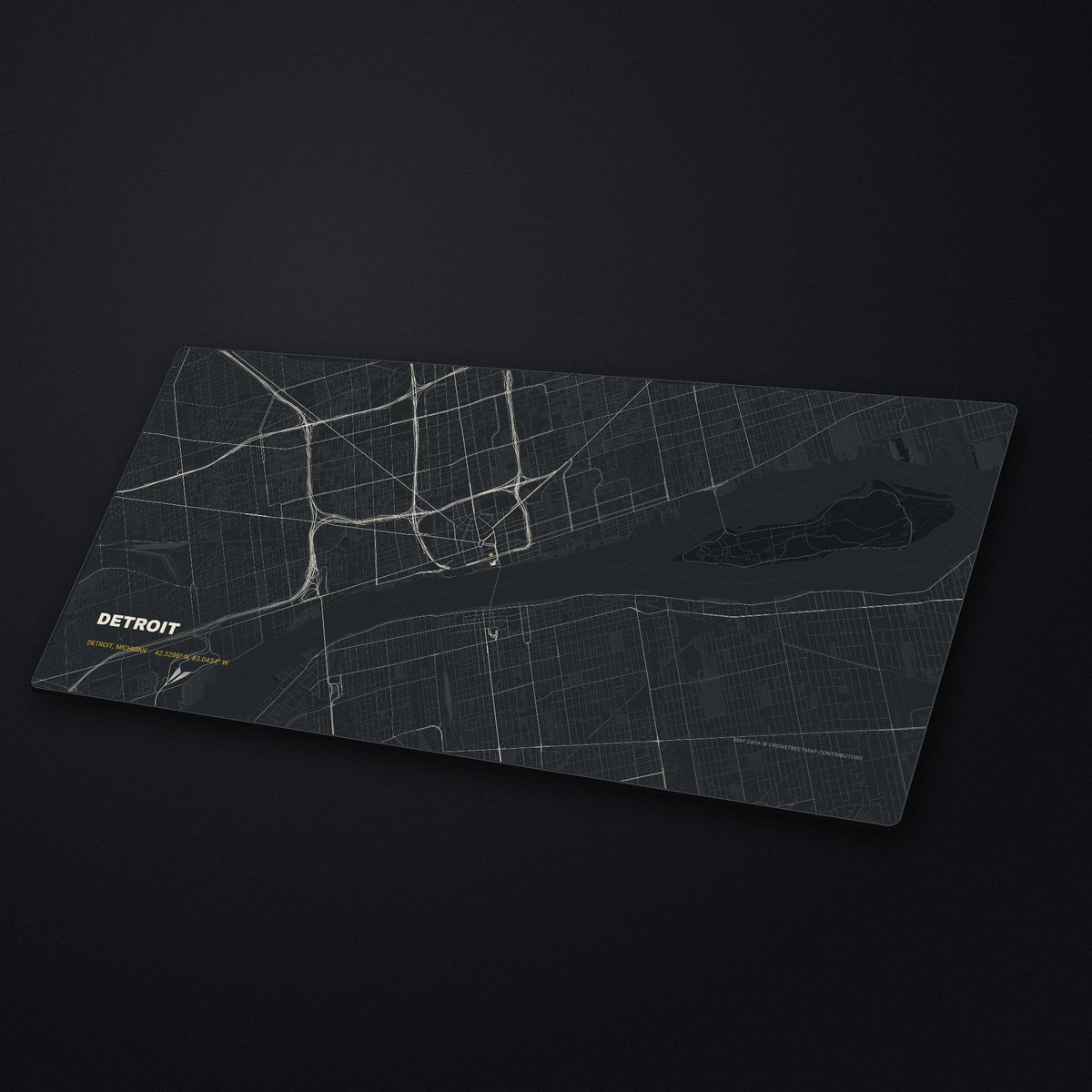 Detroit Street Map Desk Mat at an angle on a stone desk