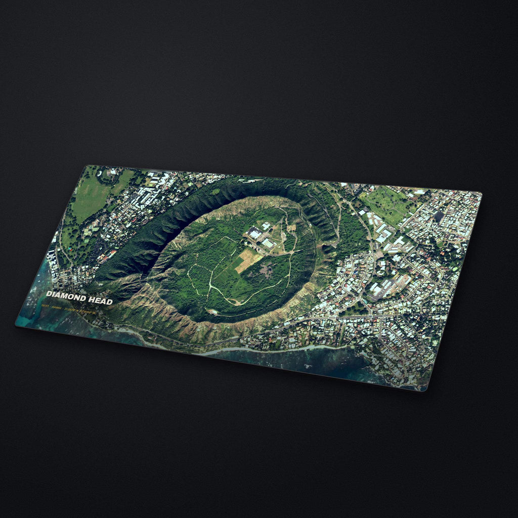 Diamond Head Satellite Desk Mat at an angle on a stone desk