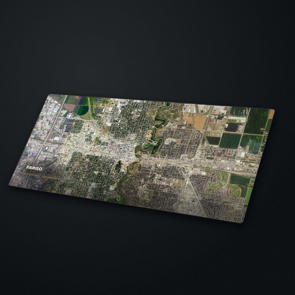 Fargo Satellite Desk Mat at an angle on a stone desk