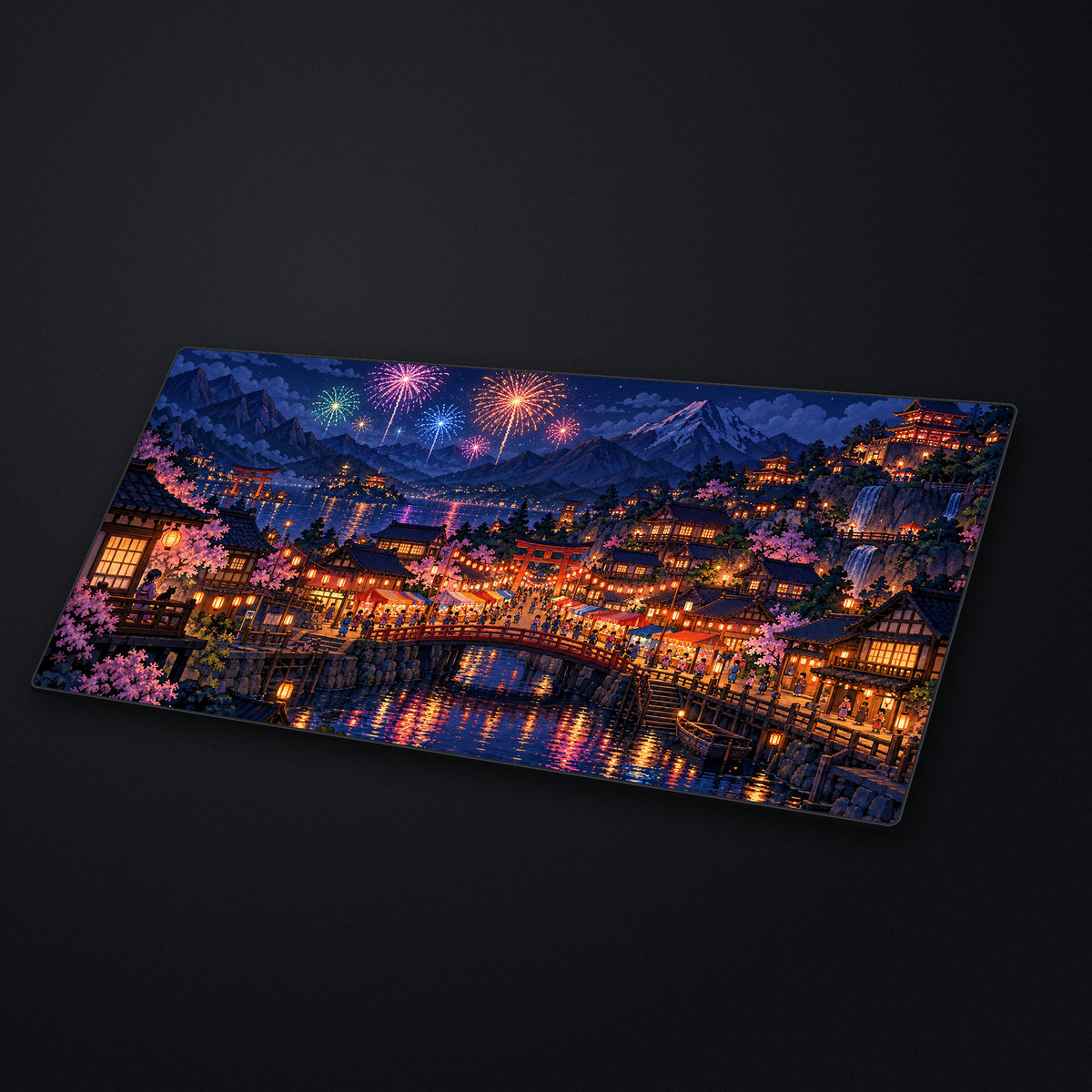 Festival Town Desk Mat at an angle on a stone desk