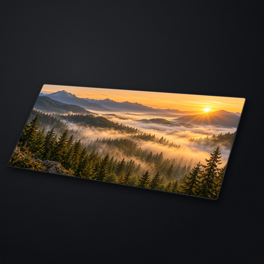 Fog Valley Desk Mat at an angle on a stone desk