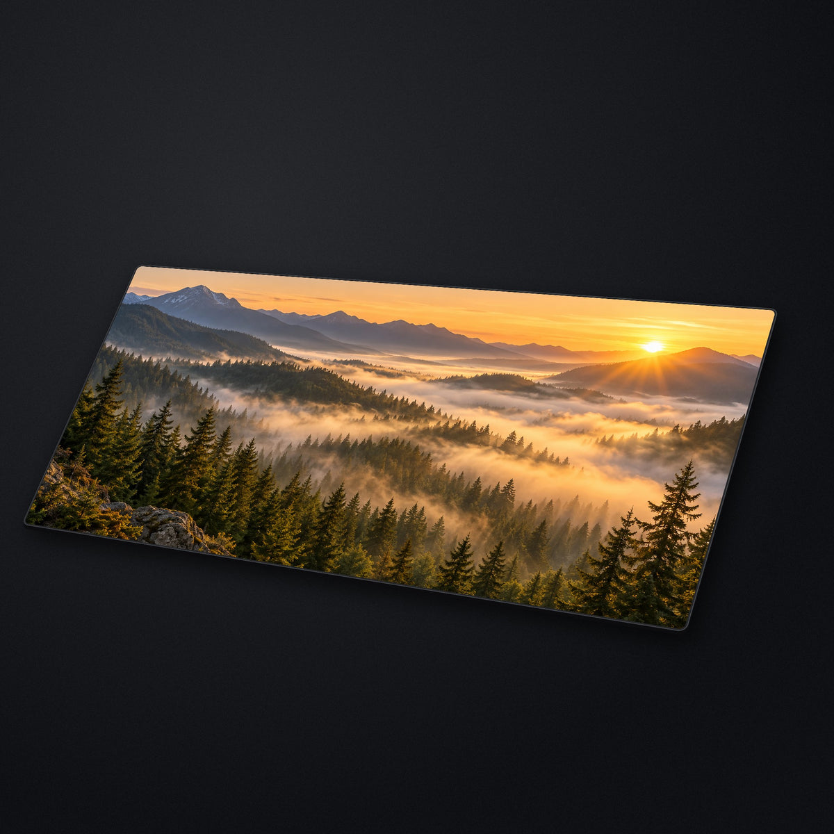 Fog Valley Desk Mat at an angle on a stone desk