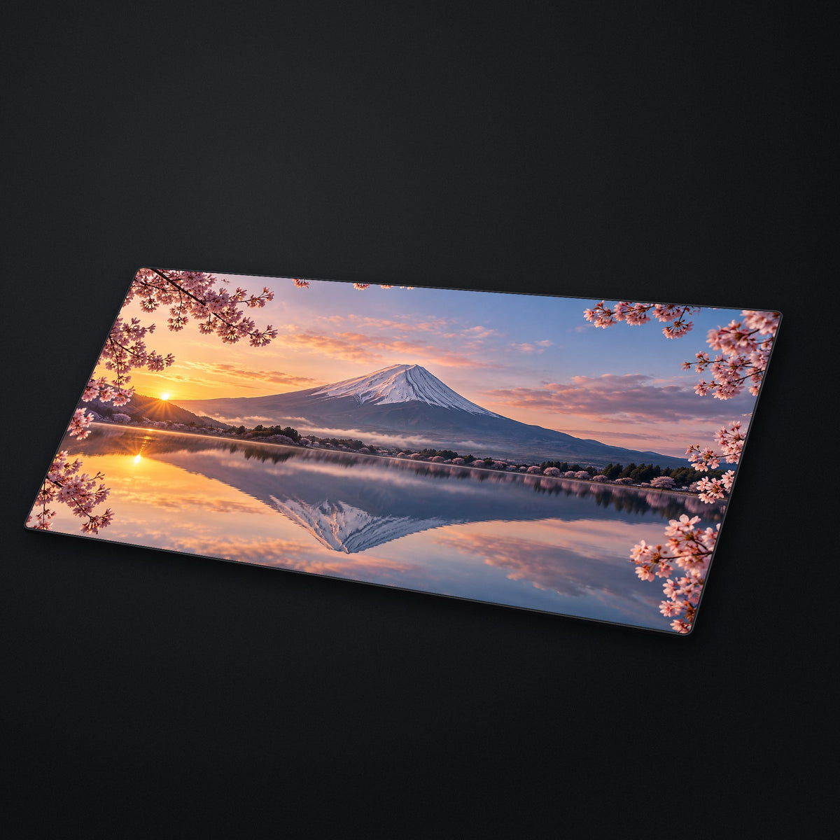 Fuji Sunrise Desk Mat at an angle on a stone desk