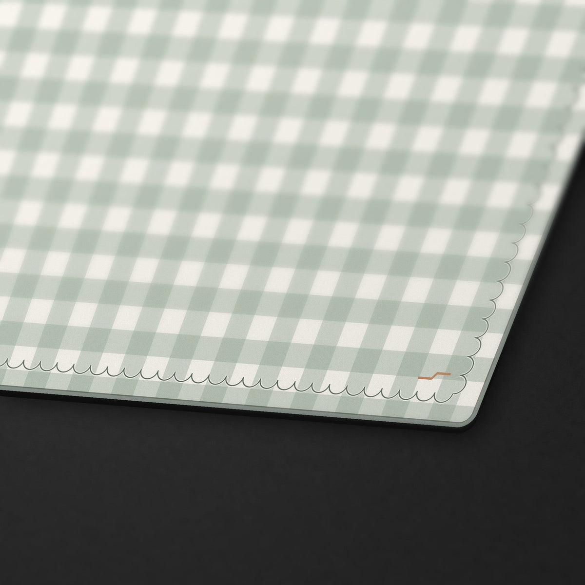 Sage Gingham Desk Mat, stitched edge detail