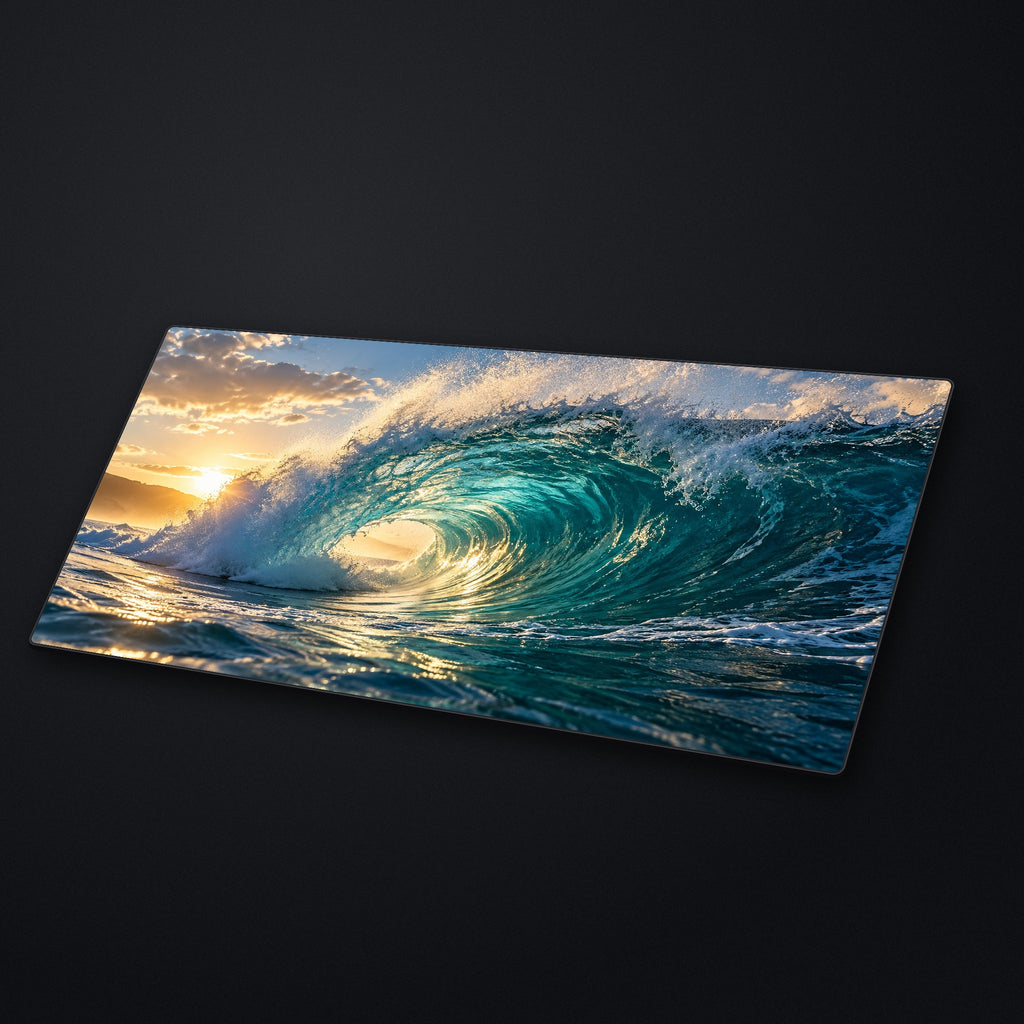 Glass Wave Desk Mat at an angle on a stone desk