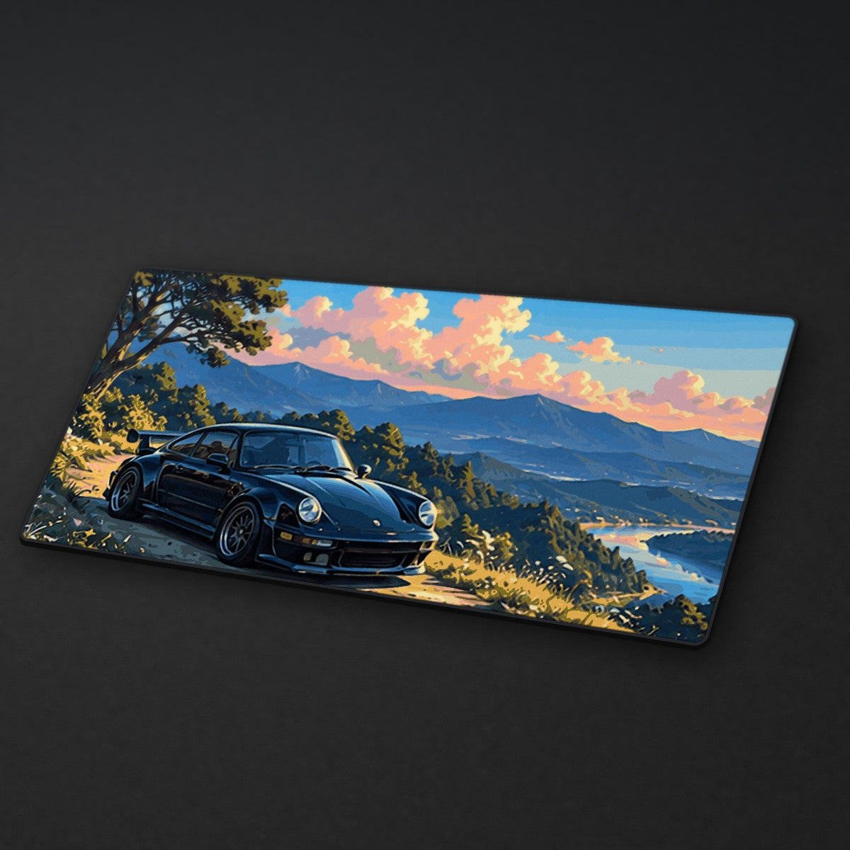 Golden Hour Run Desk Mat at an angle on a stone desk