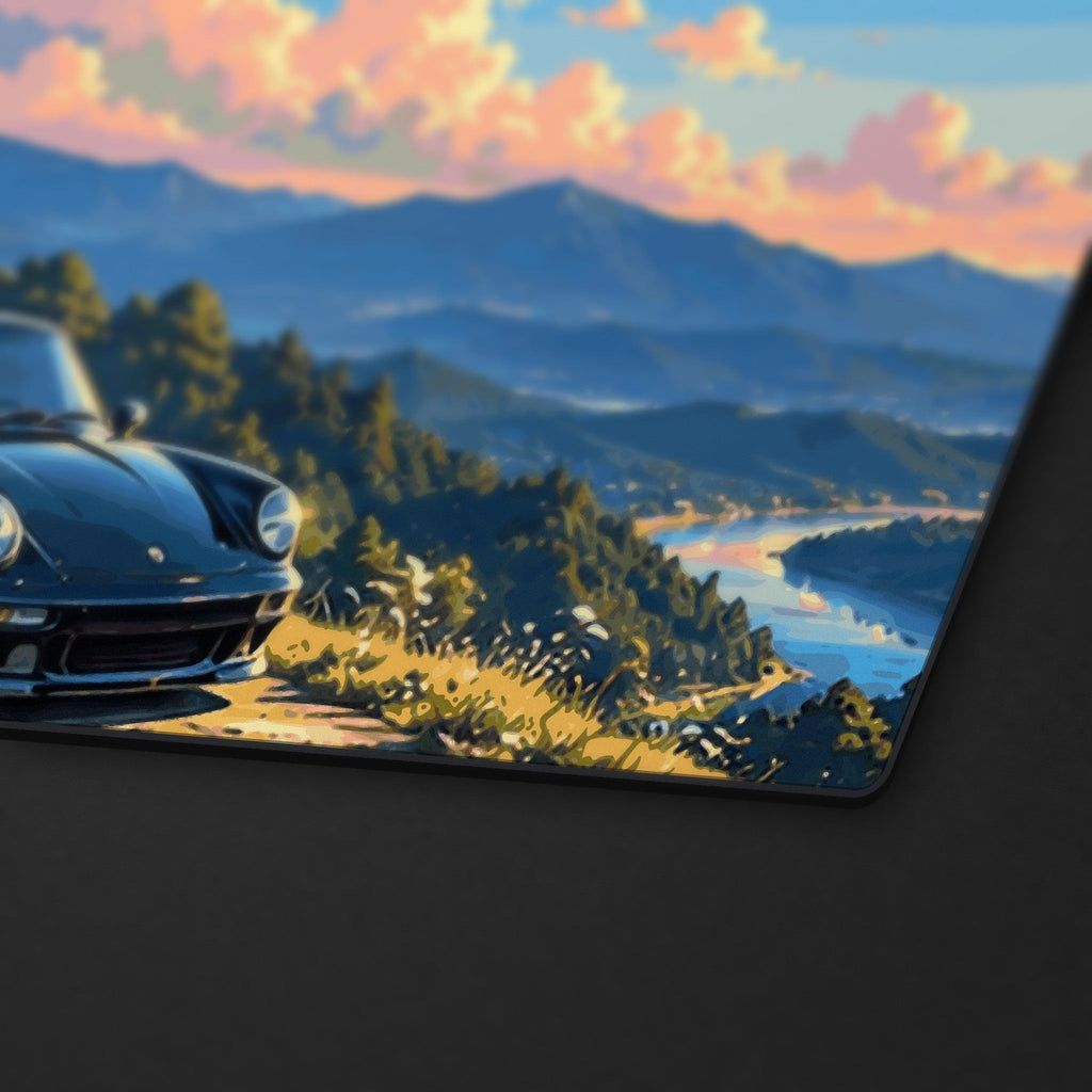 Golden Hour Run Desk Mat, stitched edge detail
