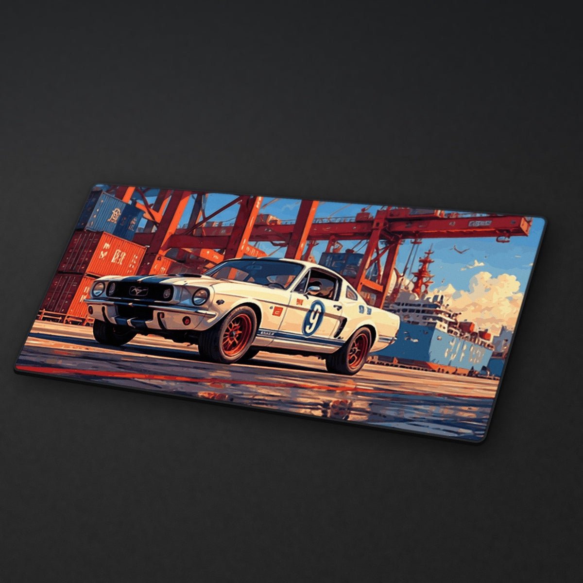 Harbor Sprint Desk Mat at an angle on a stone desk