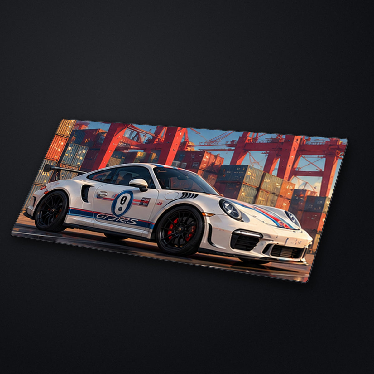 Harbor Racer Desk Mat at an angle on a stone desk