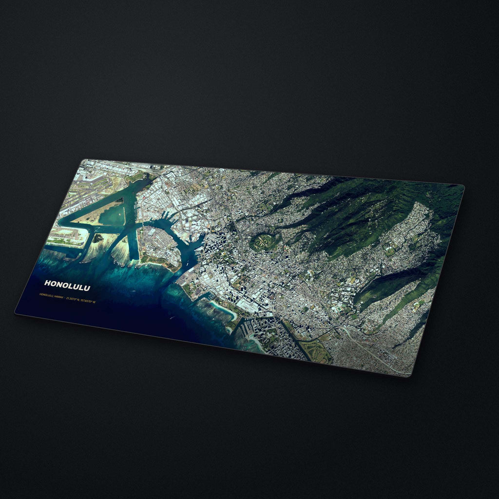 Honolulu Satellite Desk Mat at an angle on a stone desk