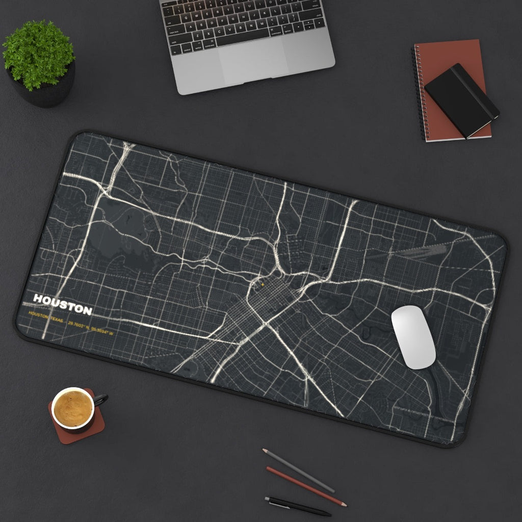 Houston Street Map desk mat on a desk with a laptop, mouse and coffee cup for scale