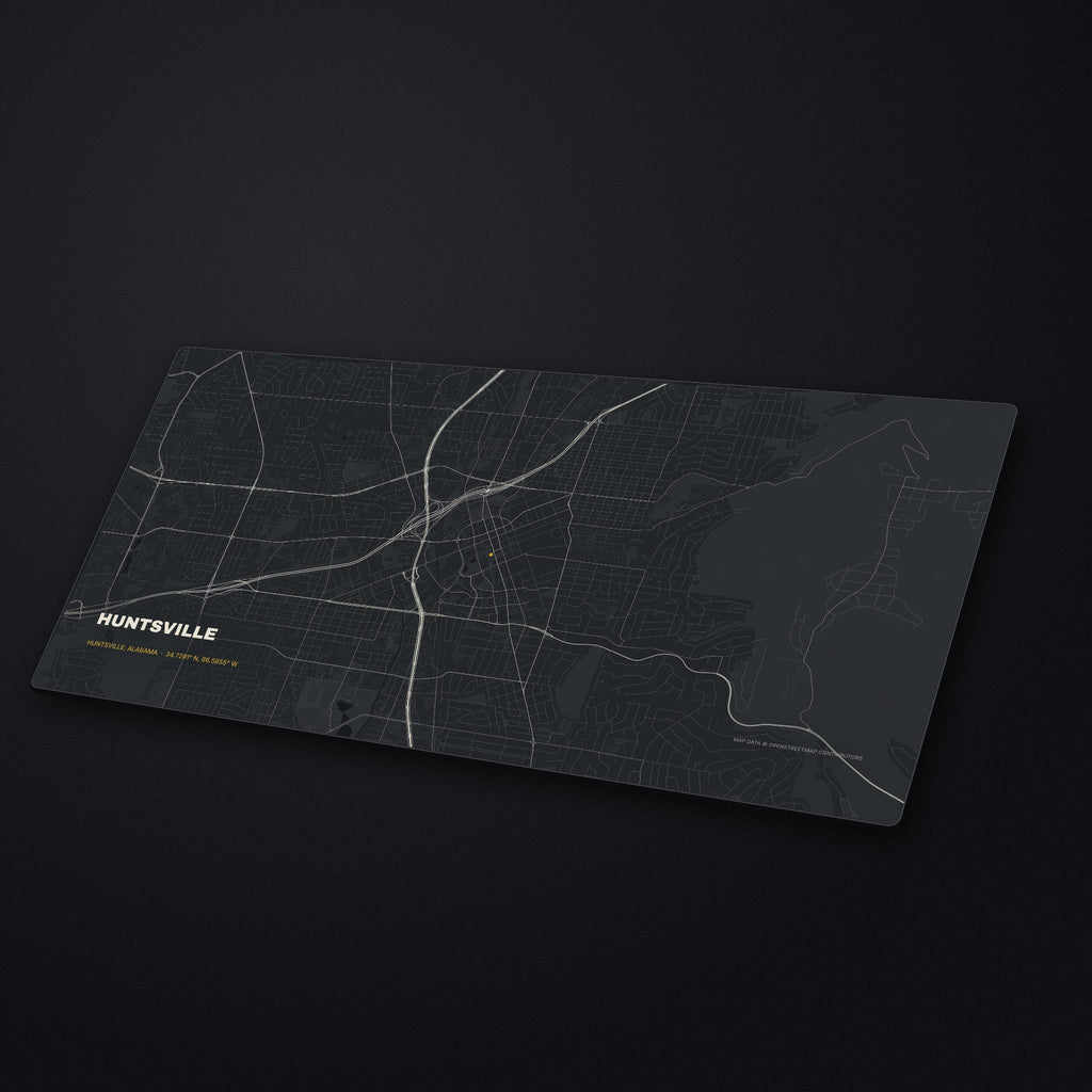 Huntsville Street Map Desk Mat at an angle on a stone desk