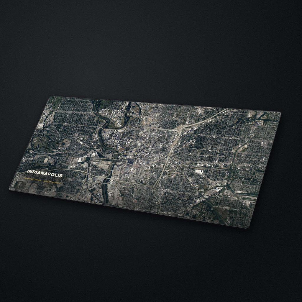 Indianapolis Satellite Desk Mat at an angle on a stone desk