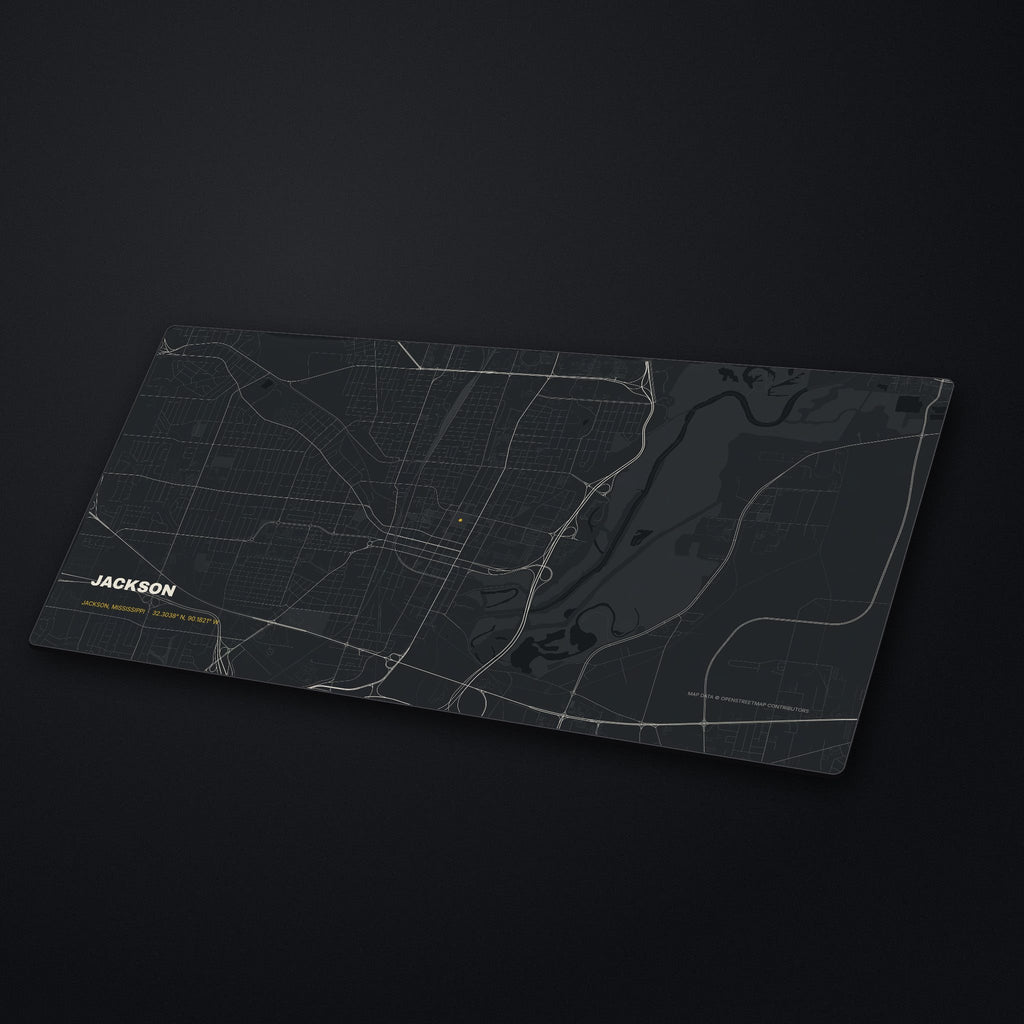 Jackson Street Map Desk Mat at an angle on a stone desk